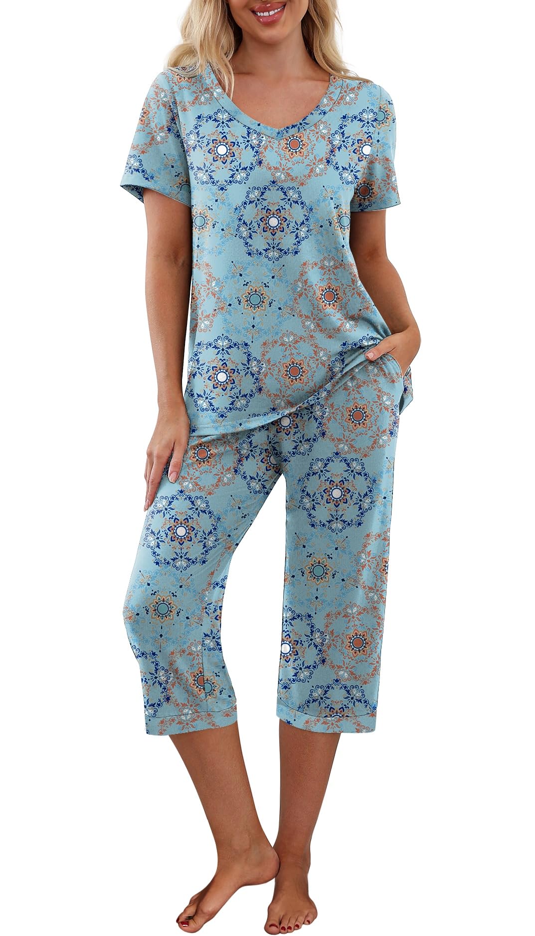 PrinStory Womens Pajama Sets Capri Pjs Soft Lounge Sets S-4XL