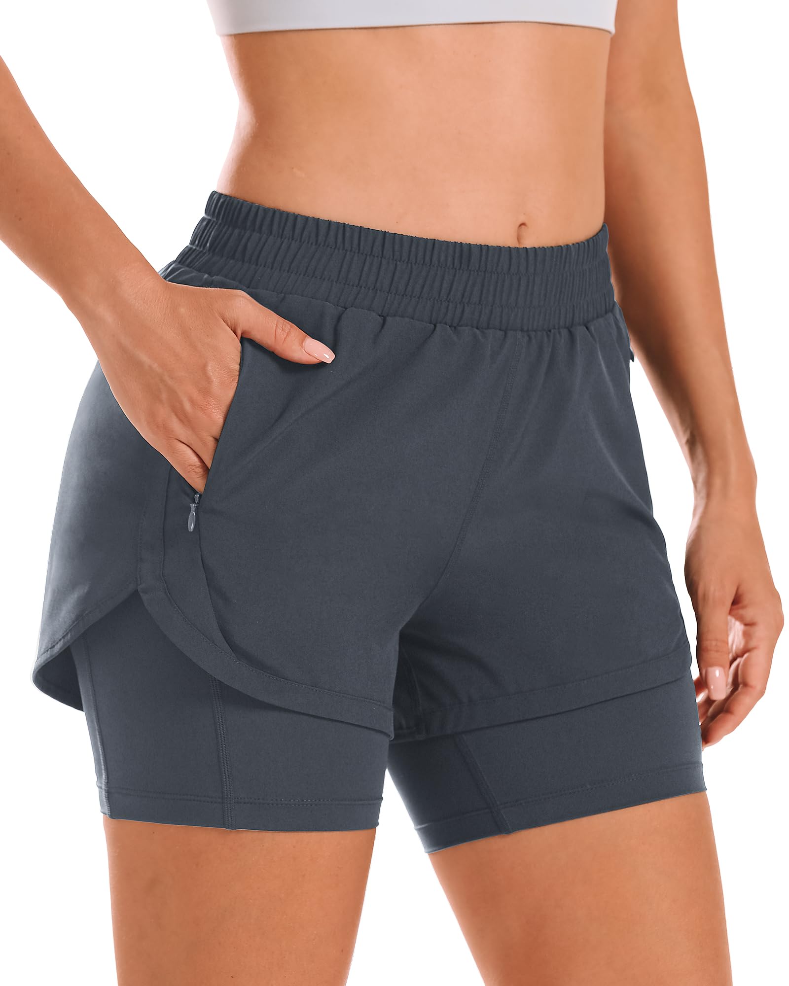 Stelle Women 2 in 1 Running Shorts High Waisted Athletic Shorts Gym Workout Shorts with Liner Zipper Pockets