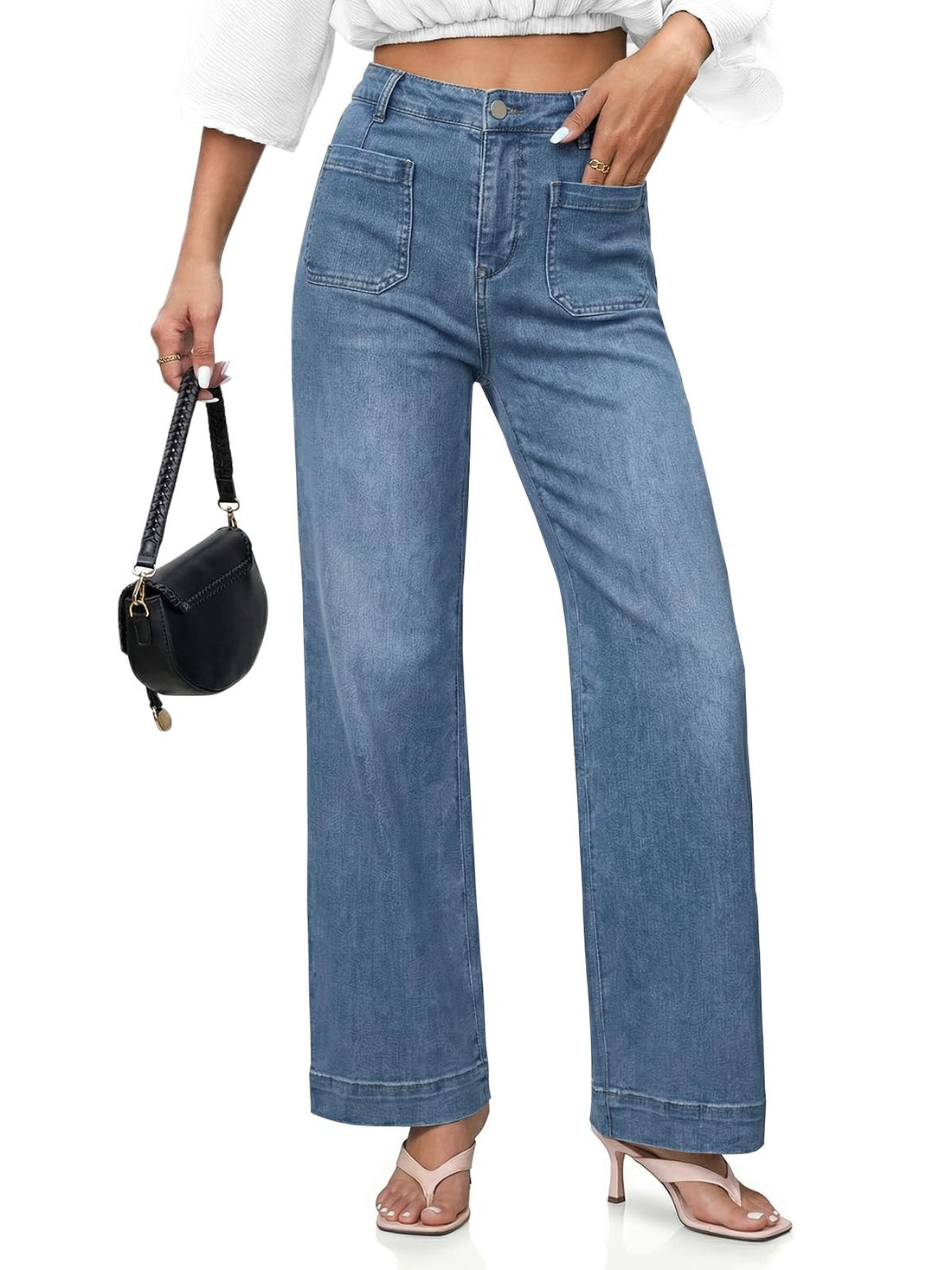 Cicy Bell Womens Wide Leg Jeans High Waisted Straight Leg Denim Pants | Stretchy,Patch Pocket,Full Length,Loose,Trendy,Pockets Front