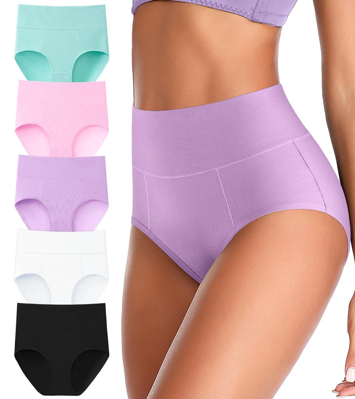 ASIMOON Tummy Control High Waisted Underwear for Women Cotton Plus Size Full Coverage Panties Ladies Briefs