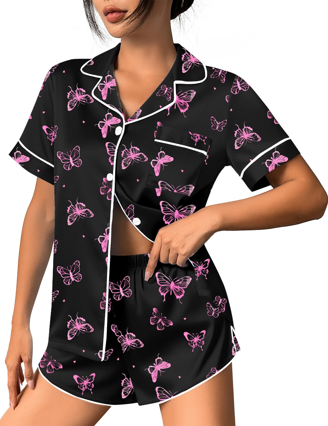 Ekouaer Womens Silk Satin Pajama Set Print Short Sleeve Sleepwear Button Down Pjs Shorts Set Loungewear