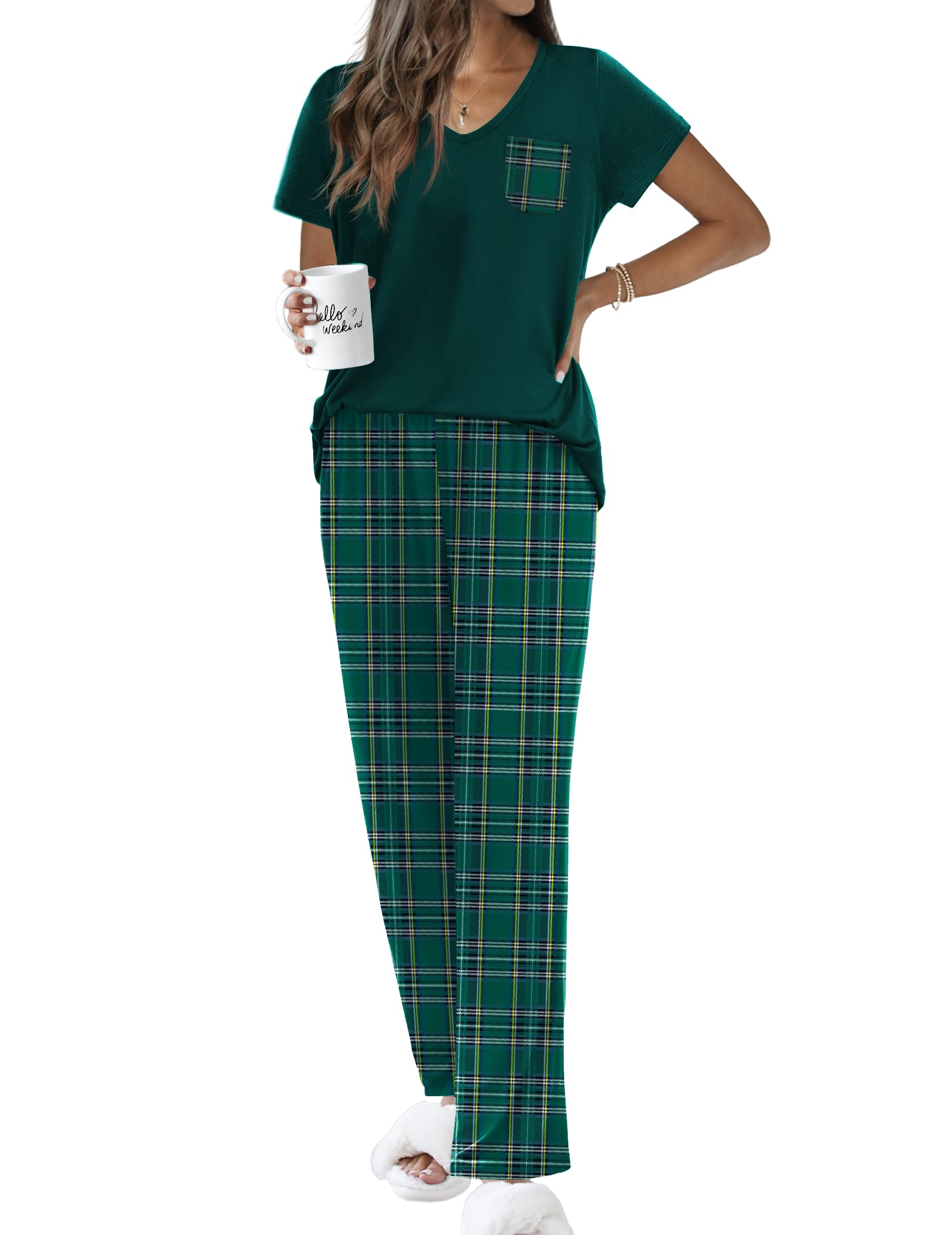 Ekouaer Pajama Sets for Women 2 Piece Short Sleeve Pj V Neck Chest Pocket