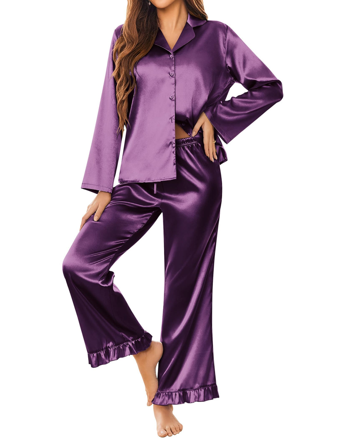 Ekouaer Satin Pajama Set for Women Long Button Down Silk Pj with Ruffle