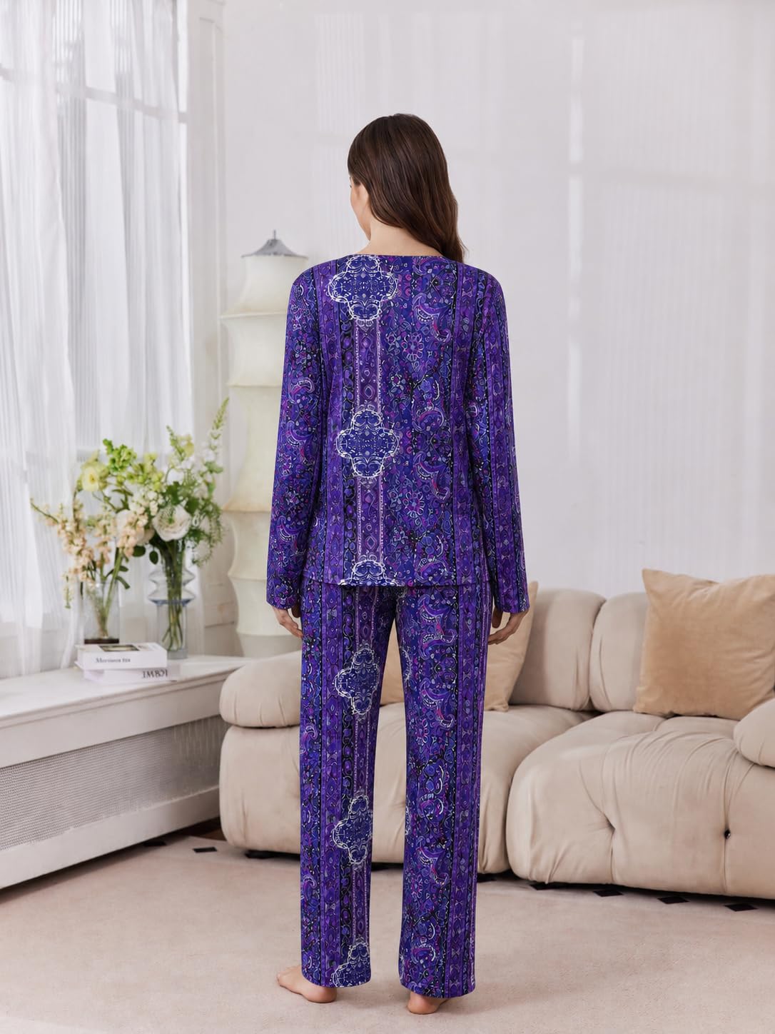 2 Pack: Women's Long Sleeve Pajama Sets - V Neck Top and Pants Lounge sets