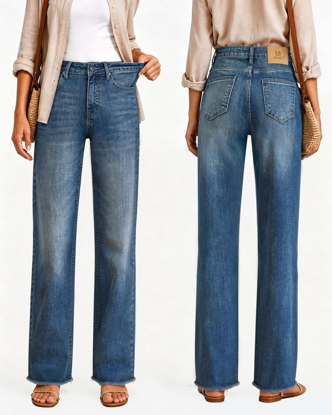 Womens High Waisted Jeans Stretchy Straight Leg Loose Fit Tummy Control Raw Hem Denim Pants Trendy Fashion