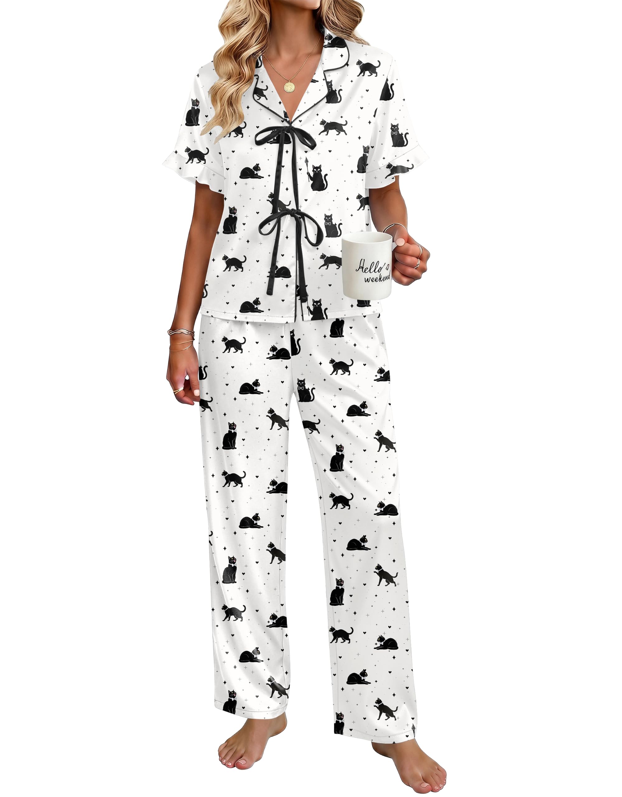 Ekouaer Womens Satin Pajama Sets Silky Tie Front Ruffle Pjs Sets Sleepwear