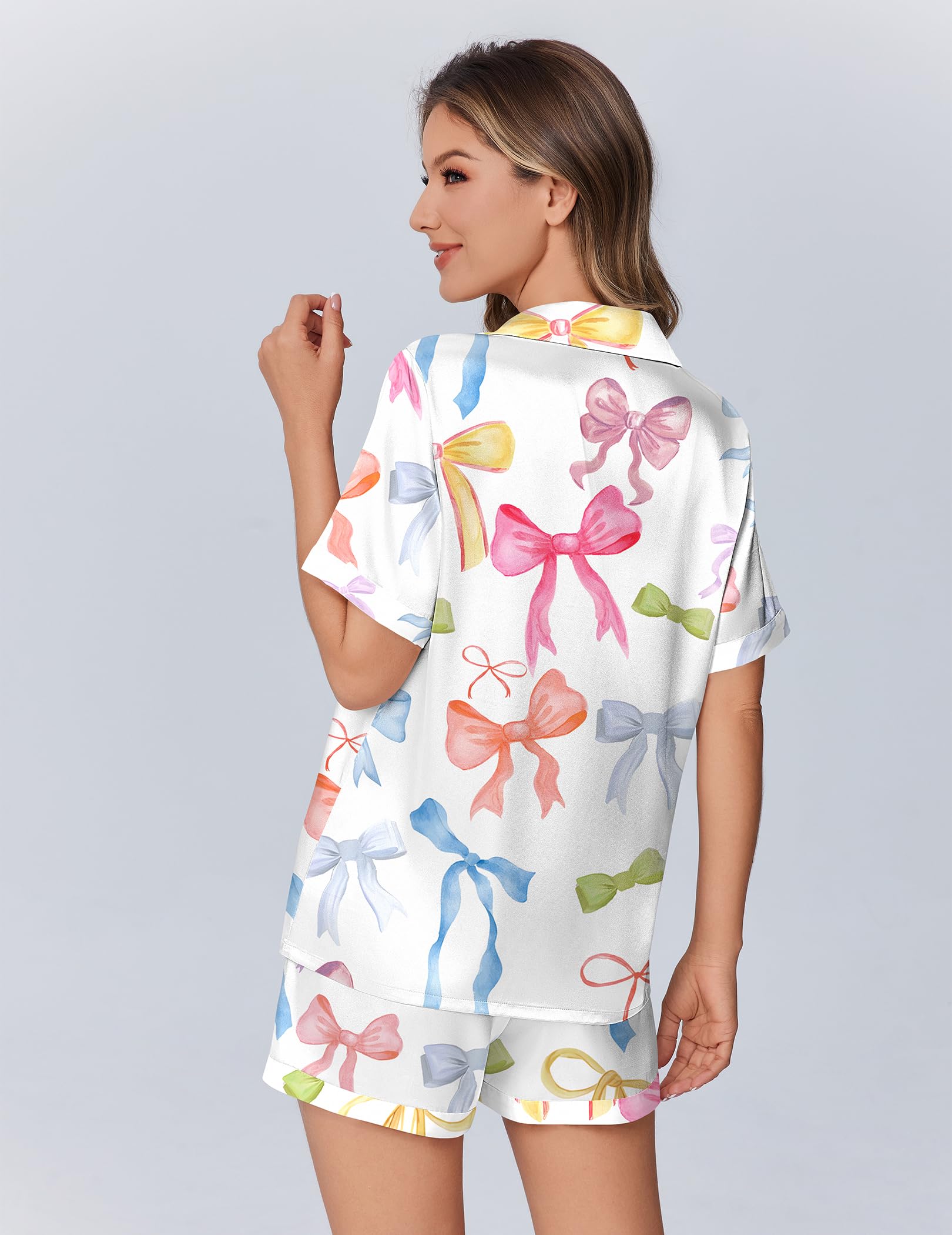Ekouaer Womens Silky Satin Pajamas Set Short Sleeve Colorful Print Pjs