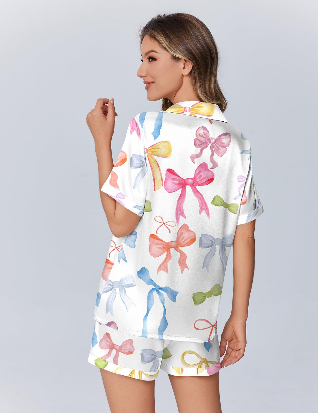 Ekouaer Womens Silky Satin Pajamas Set Short Sleeve Colorful Print Pjs
