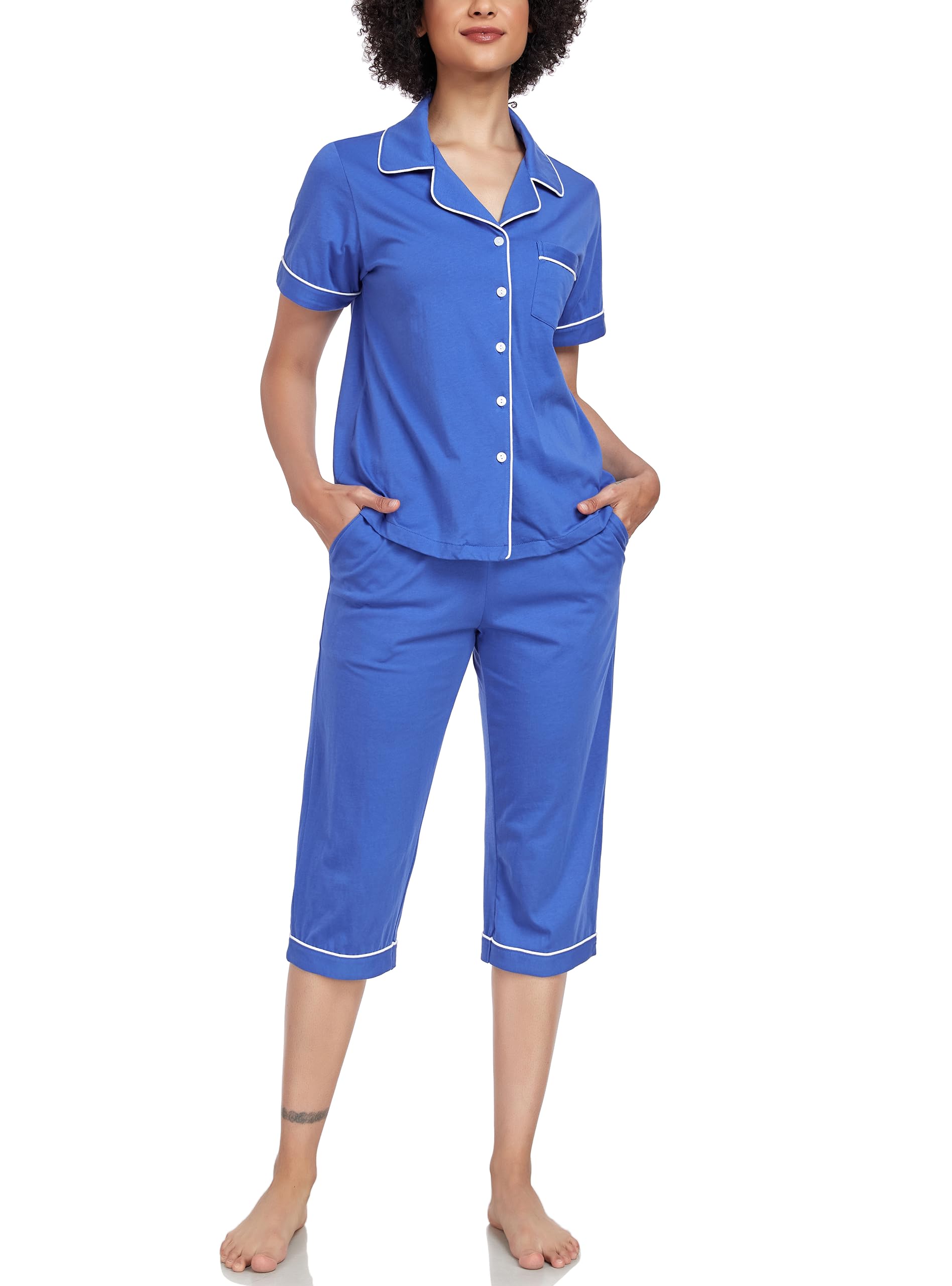 COLORFULLEAF 100% Cotton Women's Pajama Sets Short Sleeve Capri Pajamas for Women Set Button Down Pjs Soft Sleepwear Summer
