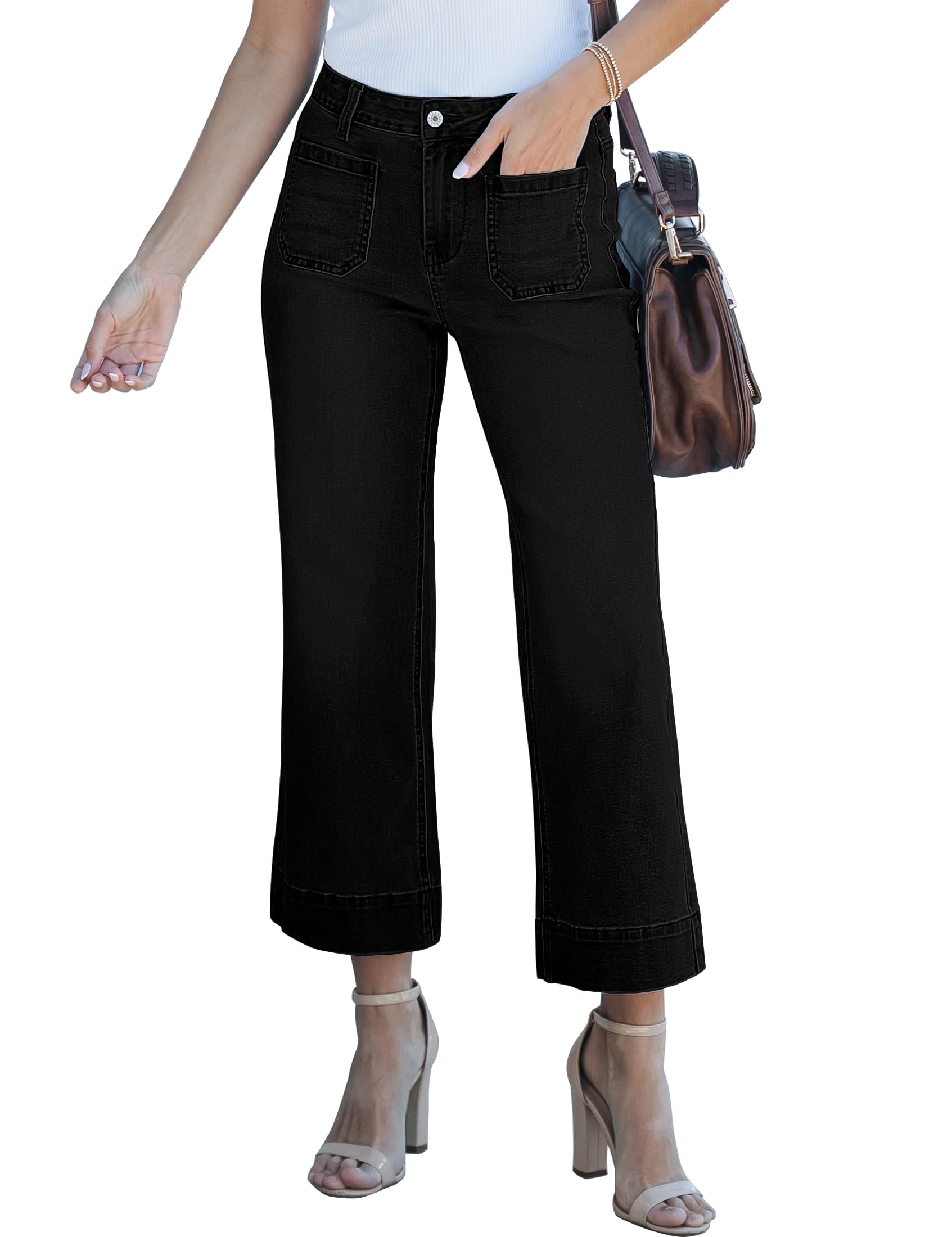 luvamia Wide Leg Jeans for Women Trendy High Waisted Flare Jeans Cropped Denim Pants Stretchy Baggy with Patch Pockets