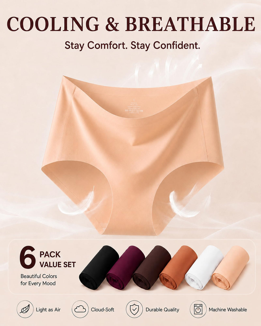 FINETOO 6 Pack Womens Seamless Underwear Full Coverage No Show Hipster Panties Sexy Stretchy Invisible Briefs Bikini Lingerie
