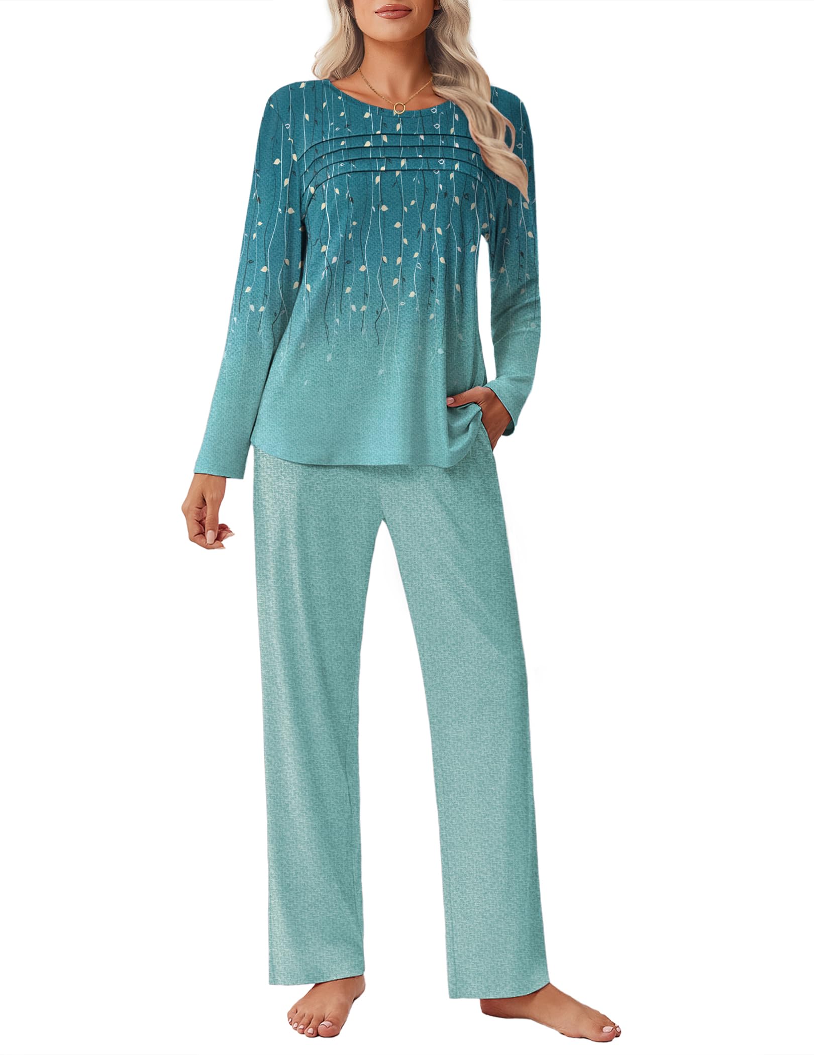 Ekouaer Womens Pajama Sets Pleated Tops with Long Sleeve Fall Lounge Set