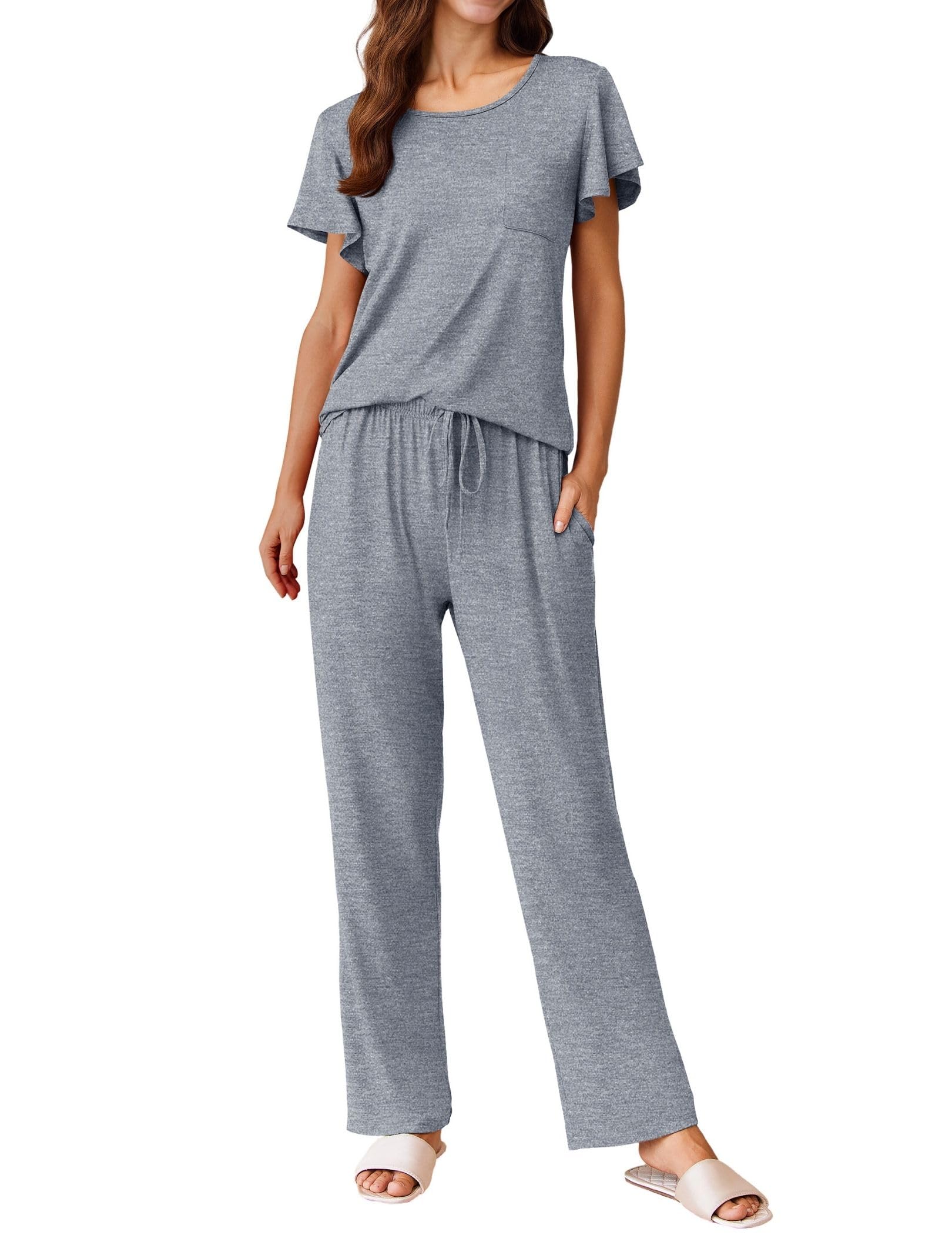 Ekouaer Pajamas for Women Set 2 Piece Comfy Loungewear, Lightweight Pjs Sleepwear, Short Sleeve Top & Long Pants with Pockets