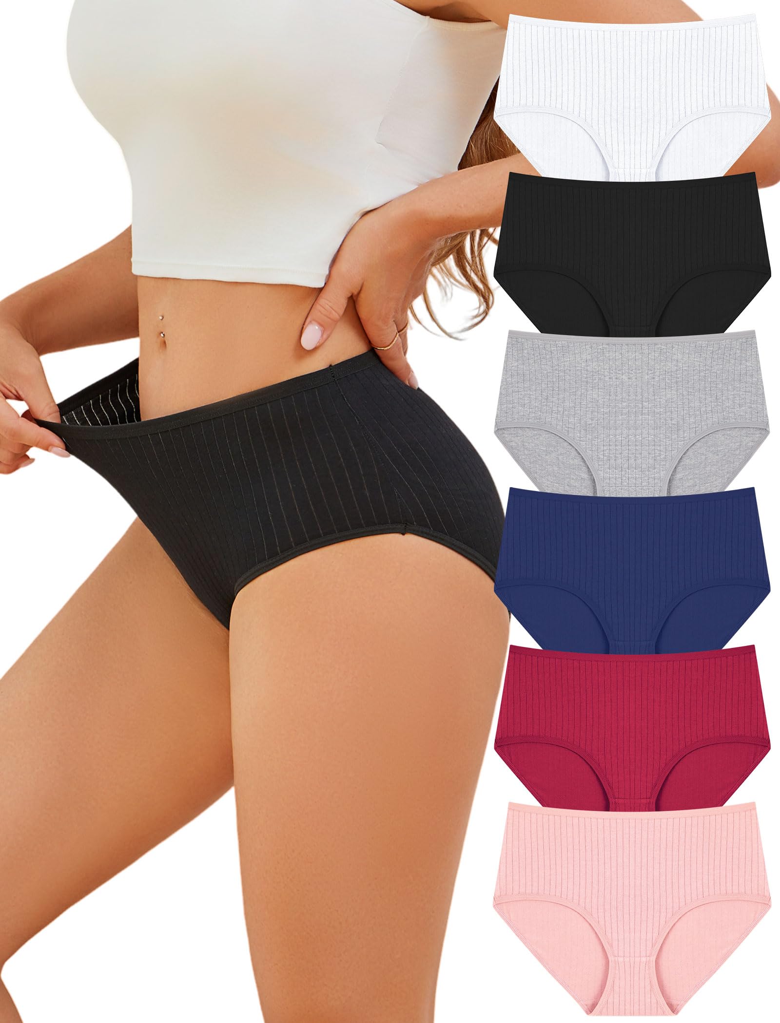 FINETOO Cotton Underwear Women High Waisted Ribbed Breathable Briefs 6 Pack