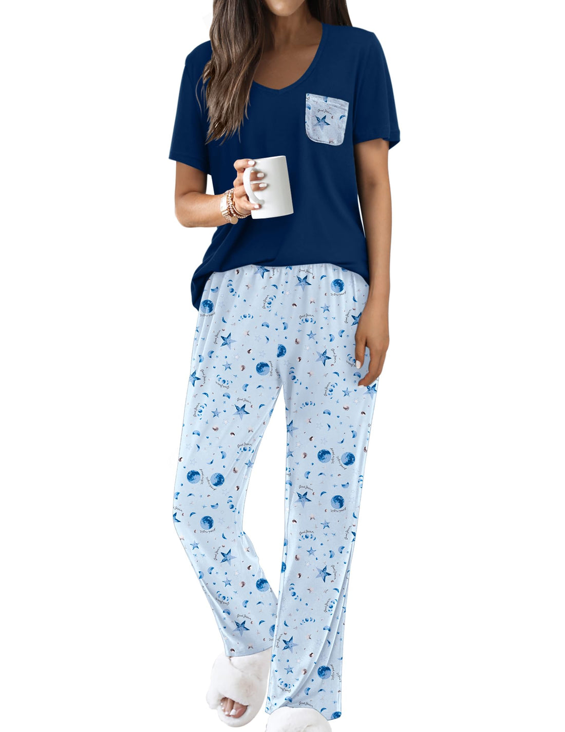 Ekouaer Pajama Sets for Women 2 Piece Short Sleeve Pj V Neck Chest Pocket