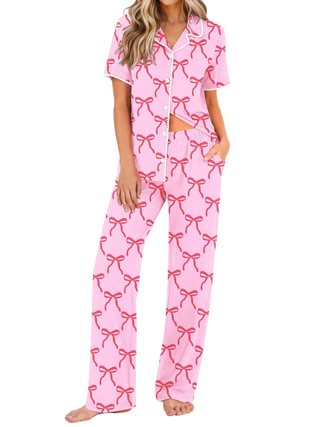 Ekouaer Womens Pajamas Set Button Down Loungewear Short Sleeve Pants Pjs