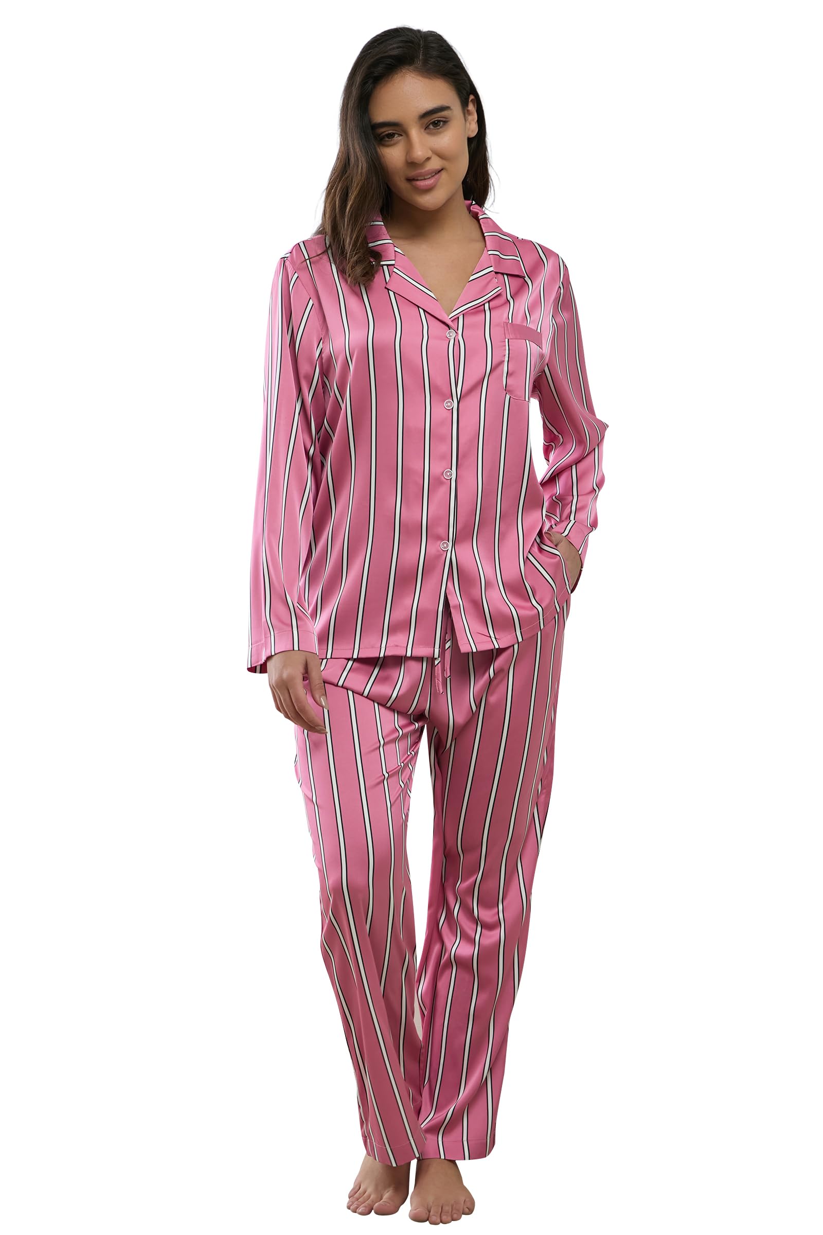 YiNi LuLu Womens Silk Satin Pajamas Set Button Down 2 Piece Pjs Long Sleeve Oversized Sleepwear with Pockets