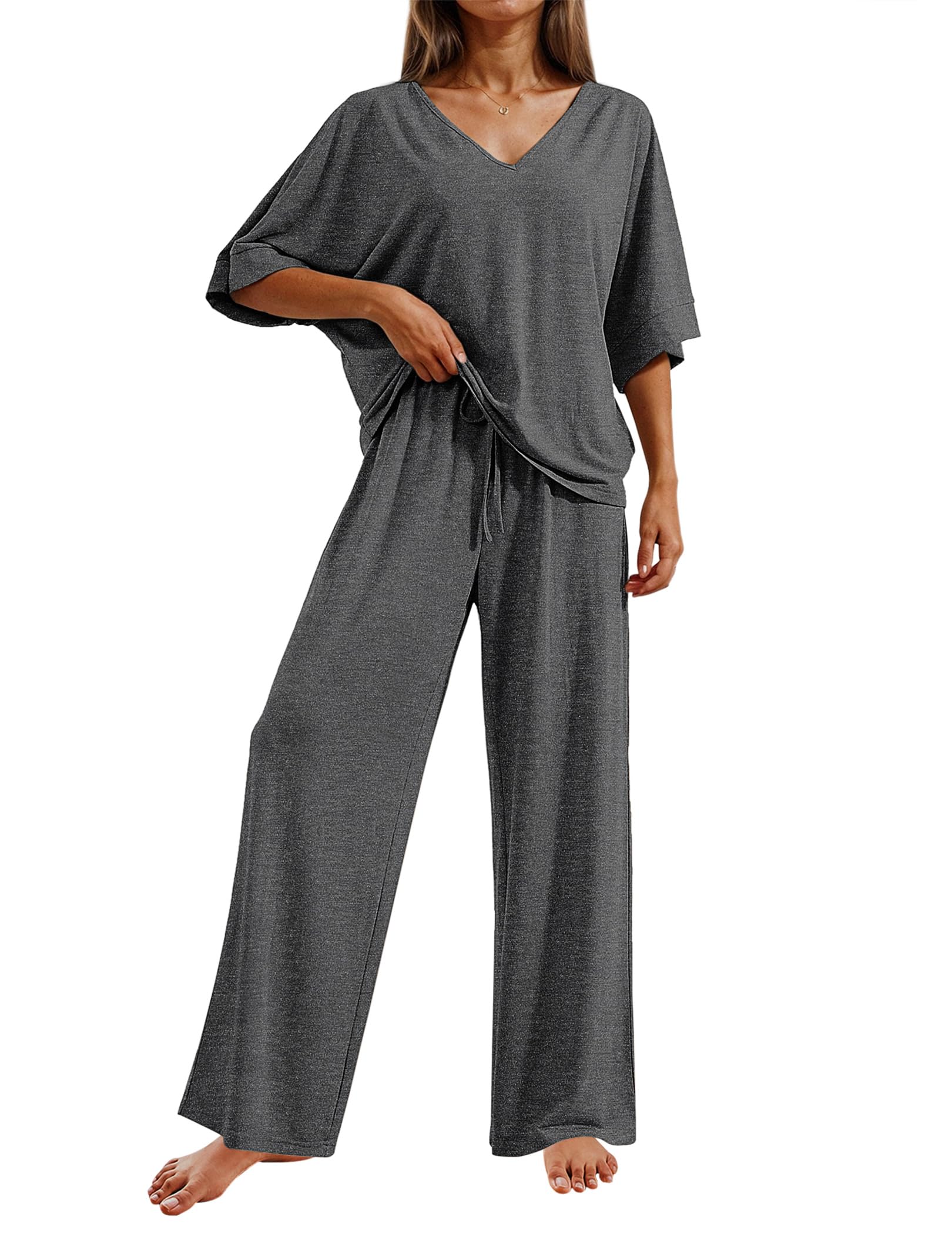 Ekouaer Pajama Sets Womens 2 Piece Short Sleeve Long Pants Pjs Lounge Set