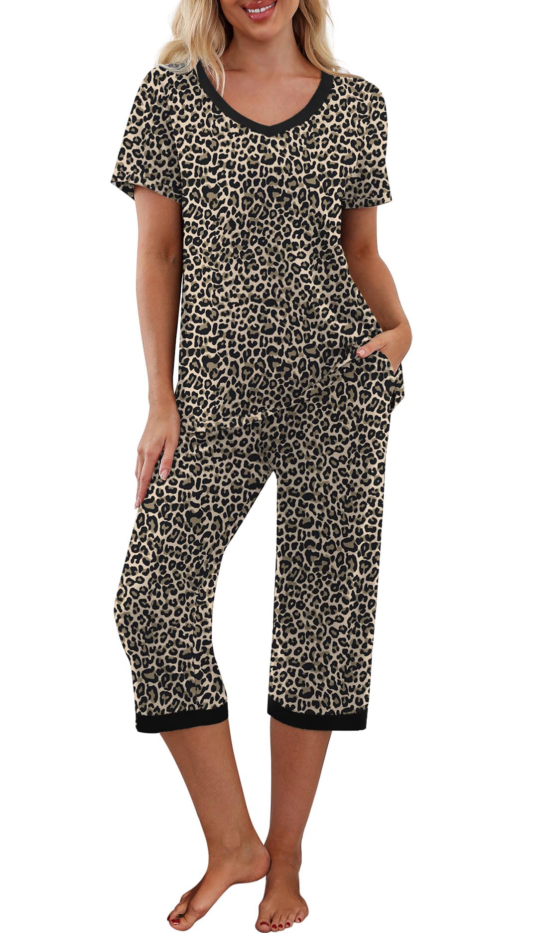 PrinStory Womens Pajama Sets Capri Pjs Soft Lounge Sets S-4XL