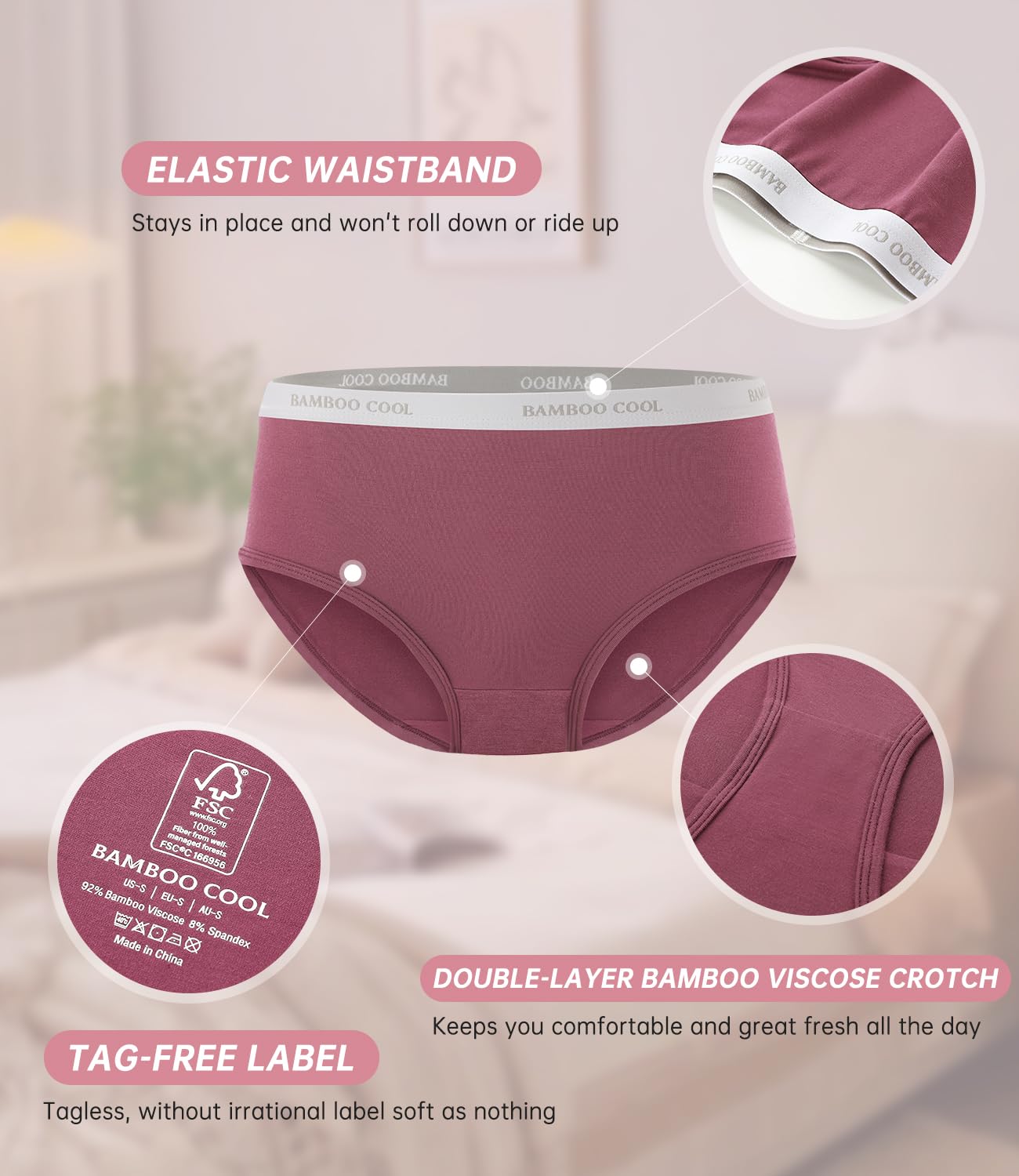 BAMBOO COOL Womens Underwear, Moisture-Wicking Briefs, Soft and Breathable Panties, Mid Waist, 5-Pack