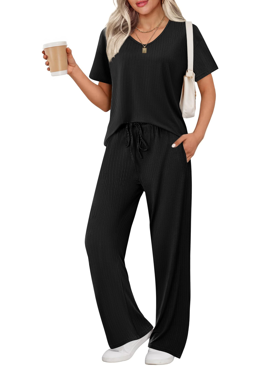 Ekouaer Womens Ribbed Knit Lounge Set Short Sleeve Top and Long Pants Sleepwear Pajama Set Two Piece Matching Outfits Set