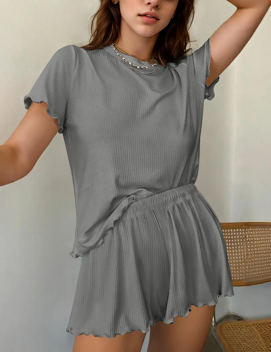 Ekouaer Womens Pajamas 2 Piece Ribbed Knit Pjs Short Sleeve Lounge Sets