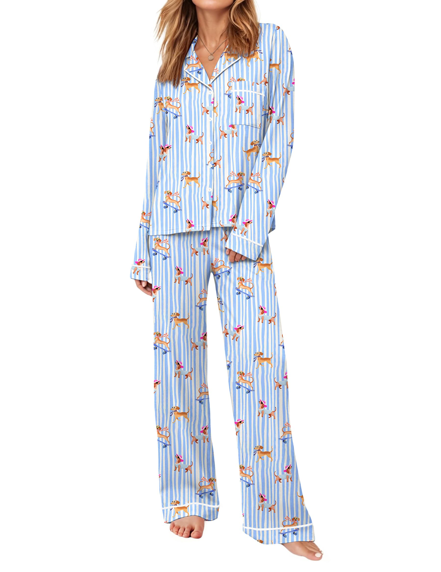 Ekouaer Womens Pajama Sets Long Sleeve Button Down Lounge Sets with Pockets