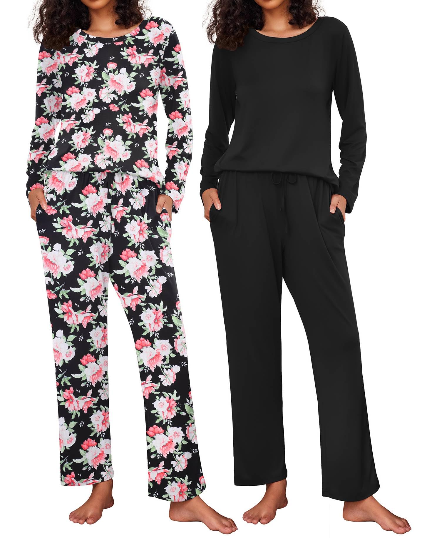Ekouaer Women's 2 Pack Pajama Sets Long Sleeve Lounge Set Soft Comfy Pjs