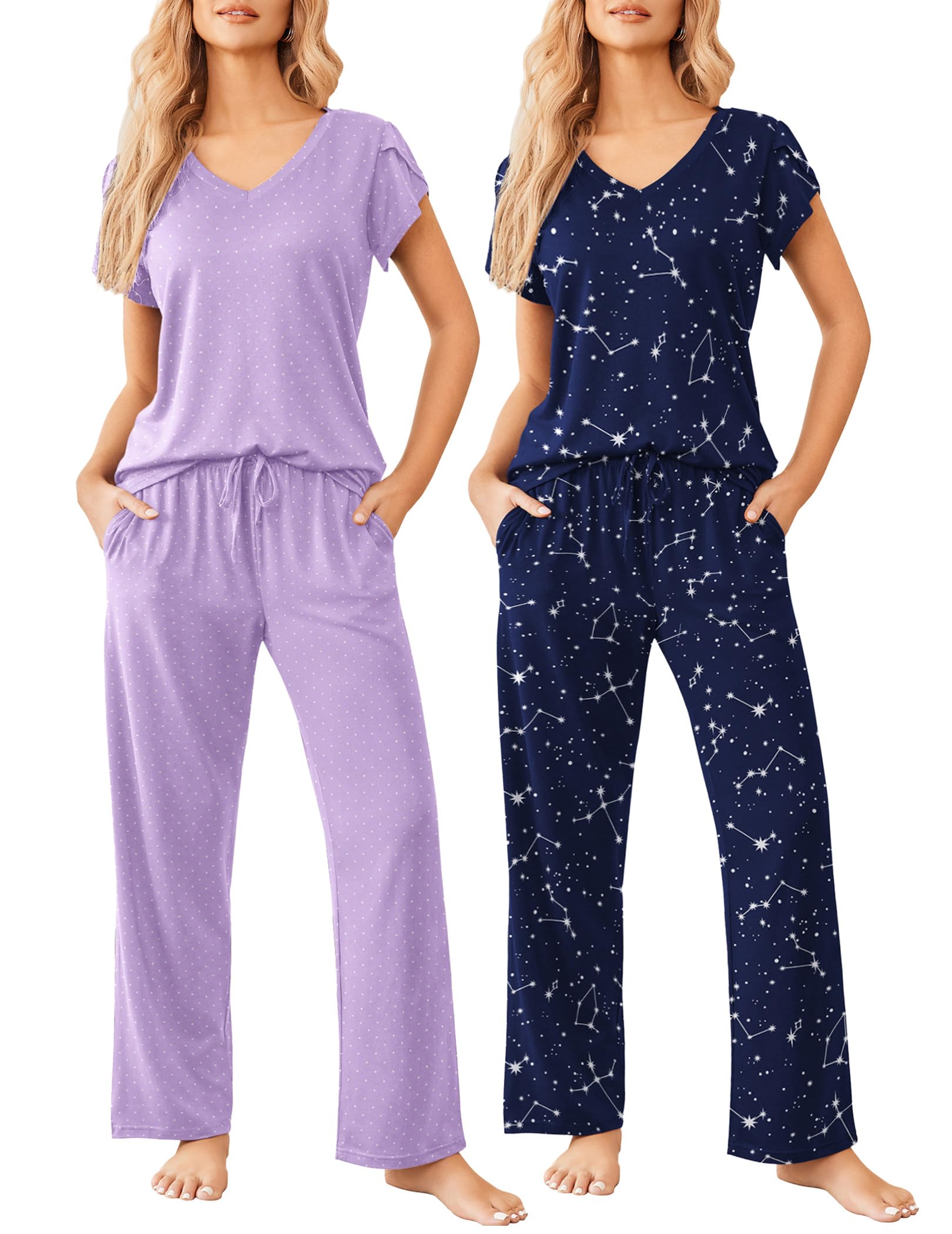 Ekouaer 2 Pack Womens Pajama Set Short Sleeve Sleepwear Soft Pjs Lounge Set