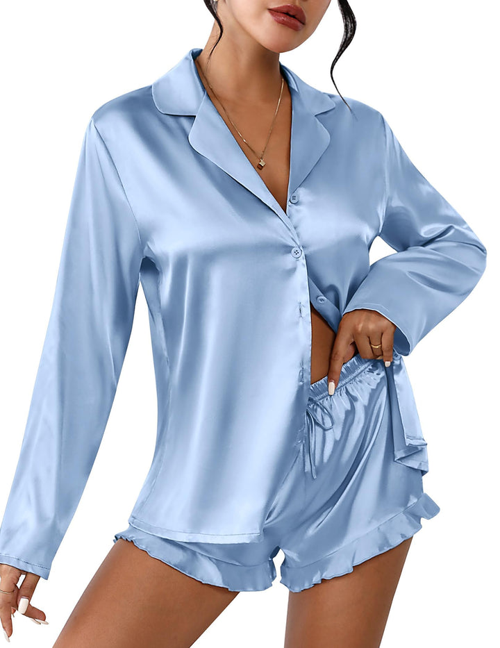 Ekouaer Womens Satin Pajama Sets Cute Button Down Silk Pjs with Ruffle