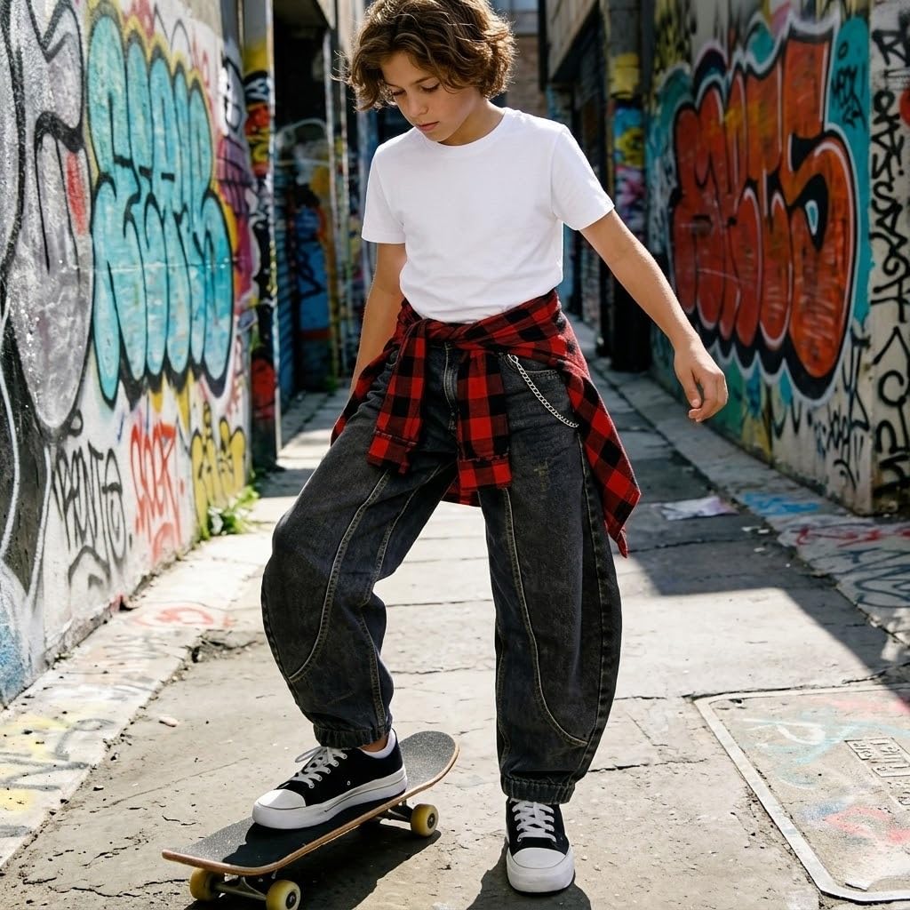 Baggy Jeans for Boys Cargo Jeans, Mid Rise Elastic Waist Multi-Pockets Denim Pants School Streetwear Size 8-12