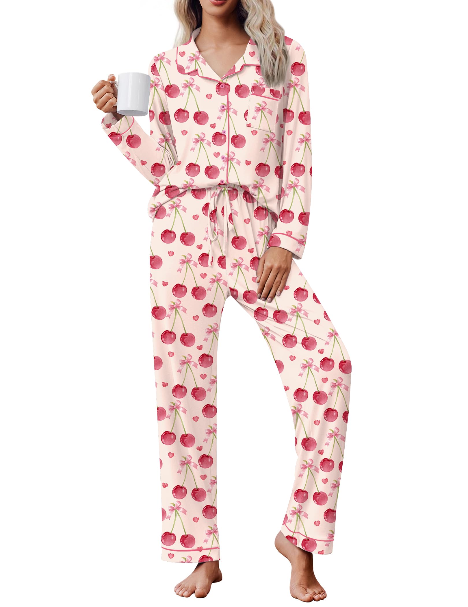 Ekouaer Women's Pajama Set Long Sleeve Lounge Set Soft Button Down Pjs