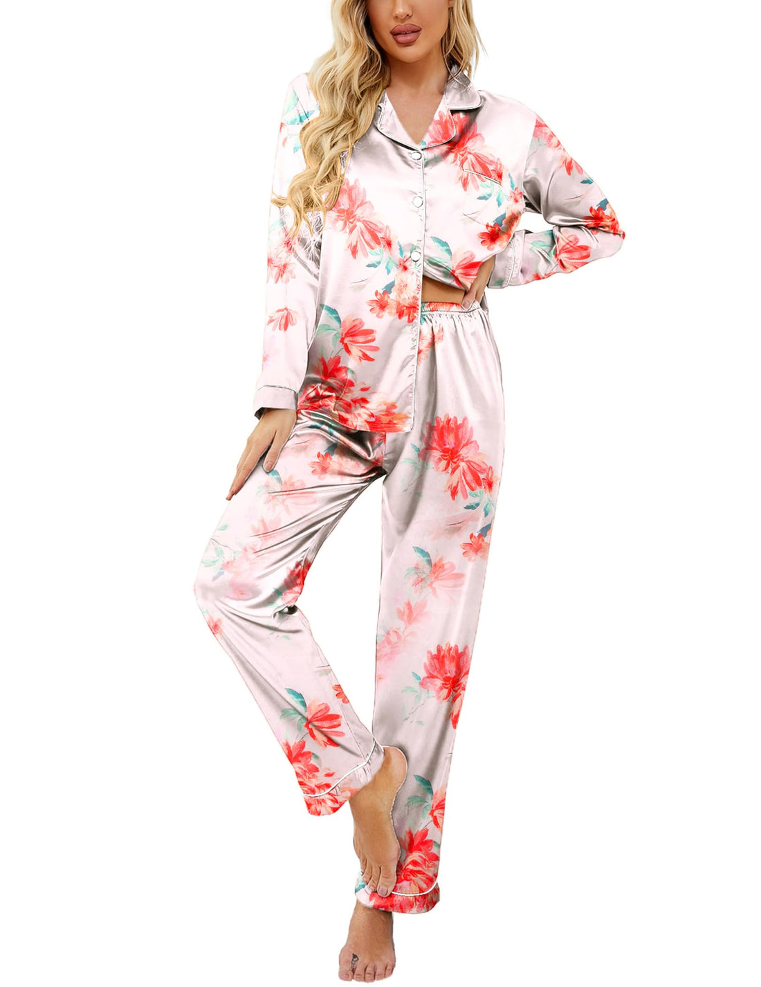 Ekouaer Women's Classic Button Down Long Satin Silk Pajama Set