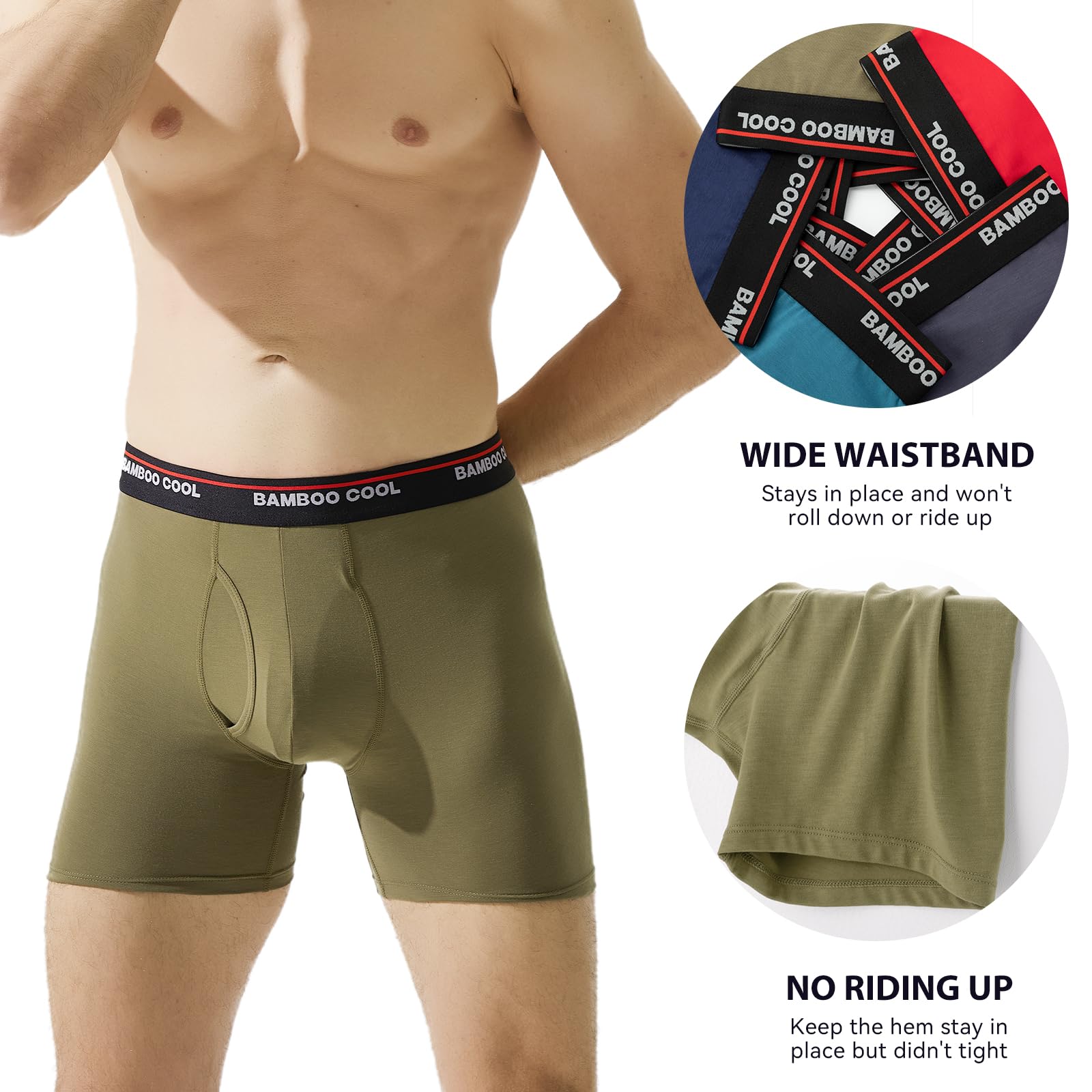 BAMBOO COOL Men's Underwear Boxer Briefs Fly with Built-in 3D Pouch Comfortable Cool Underwear for Men 4 Pack