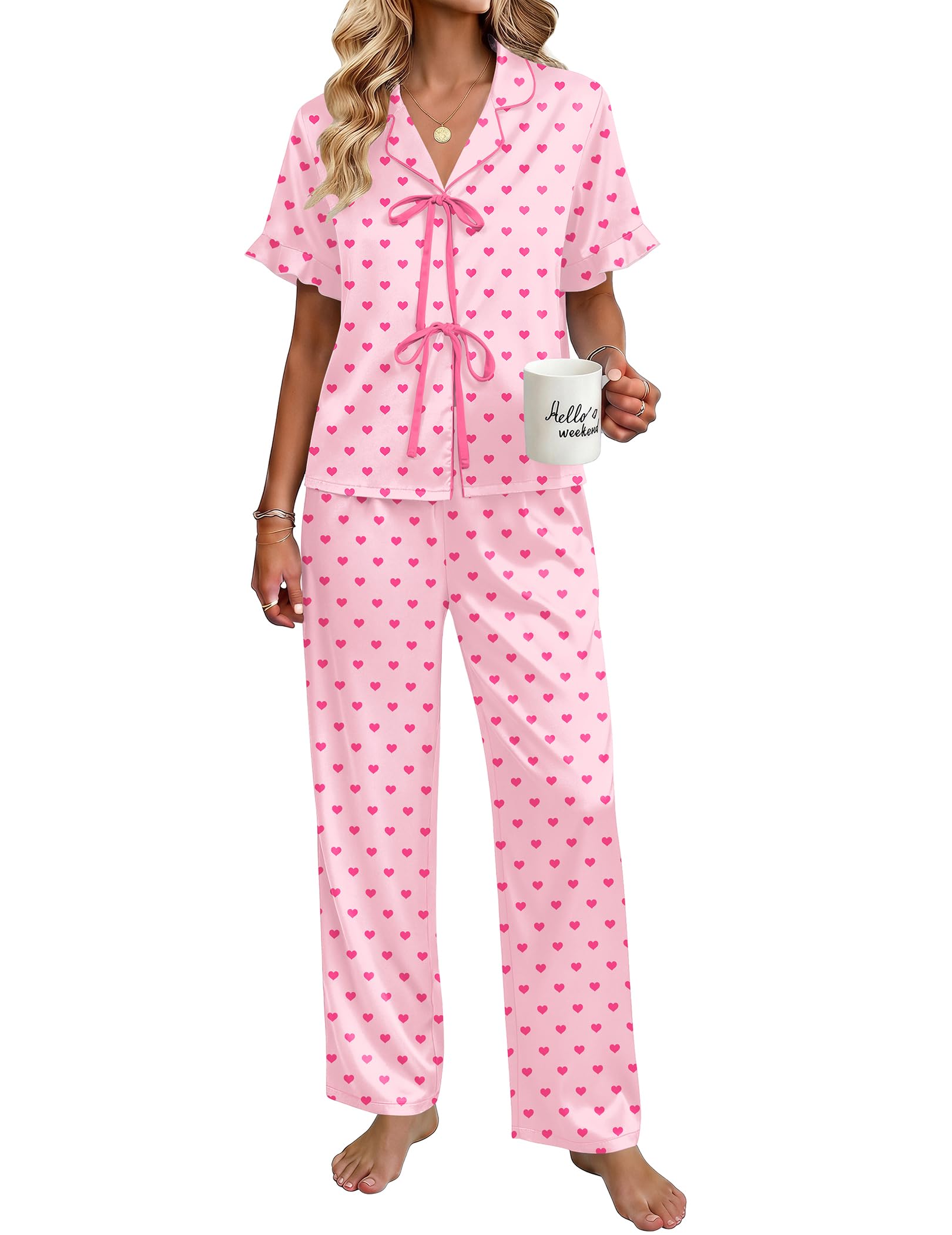 Ekouaer Womens Satin Pajama Sets Silky Tie Front Ruffle Pjs Sets Sleepwear