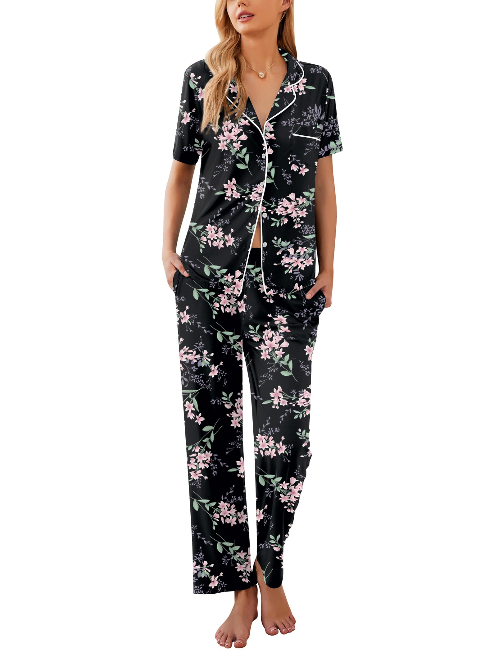 Ekouaer Womens Pajamas Set Short Sleeve Button Down Top & Pants Lounge Pjs