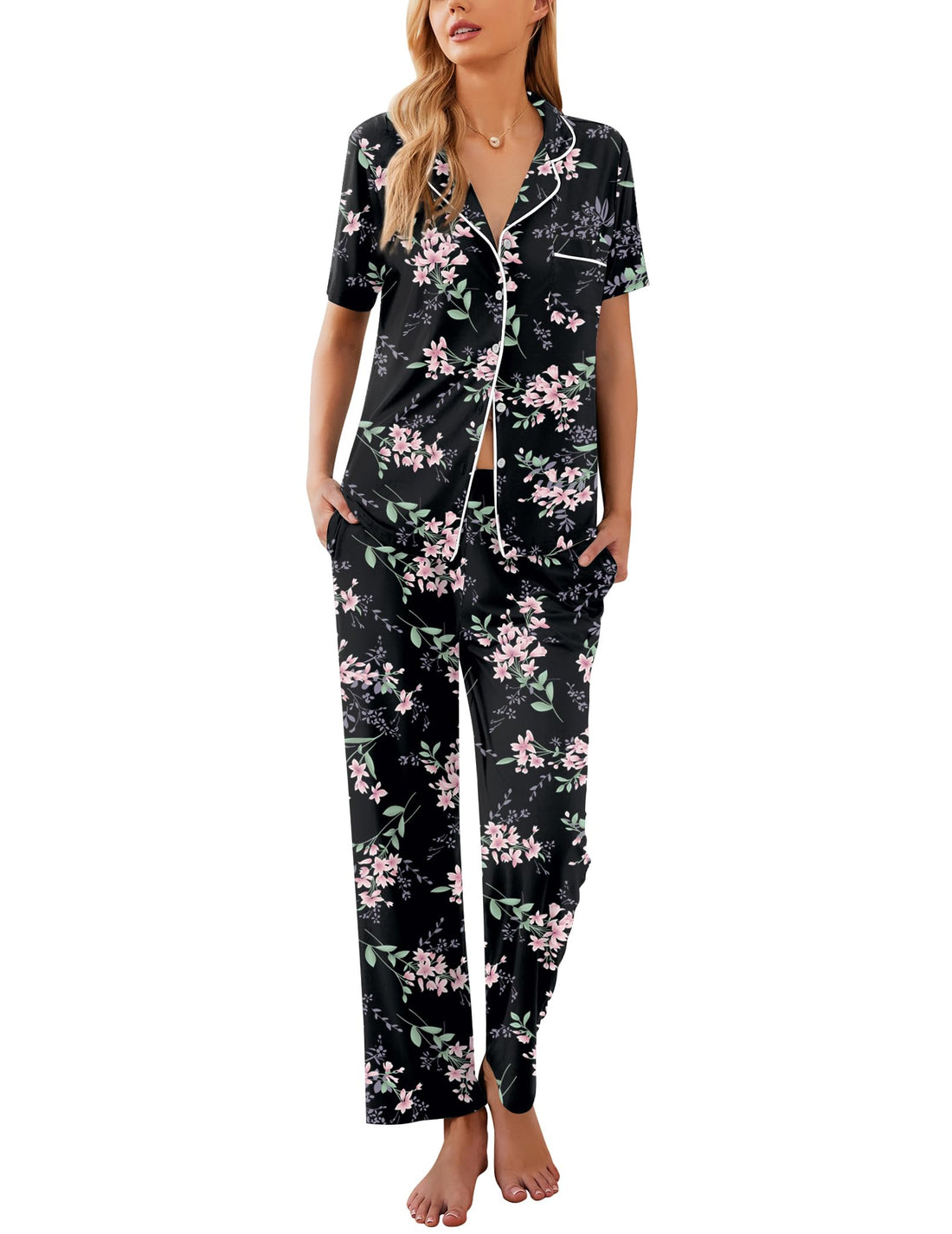 Ekouaer Womens Pajamas Set Short Sleeve Button Down Top & Pants Lounge Pjs