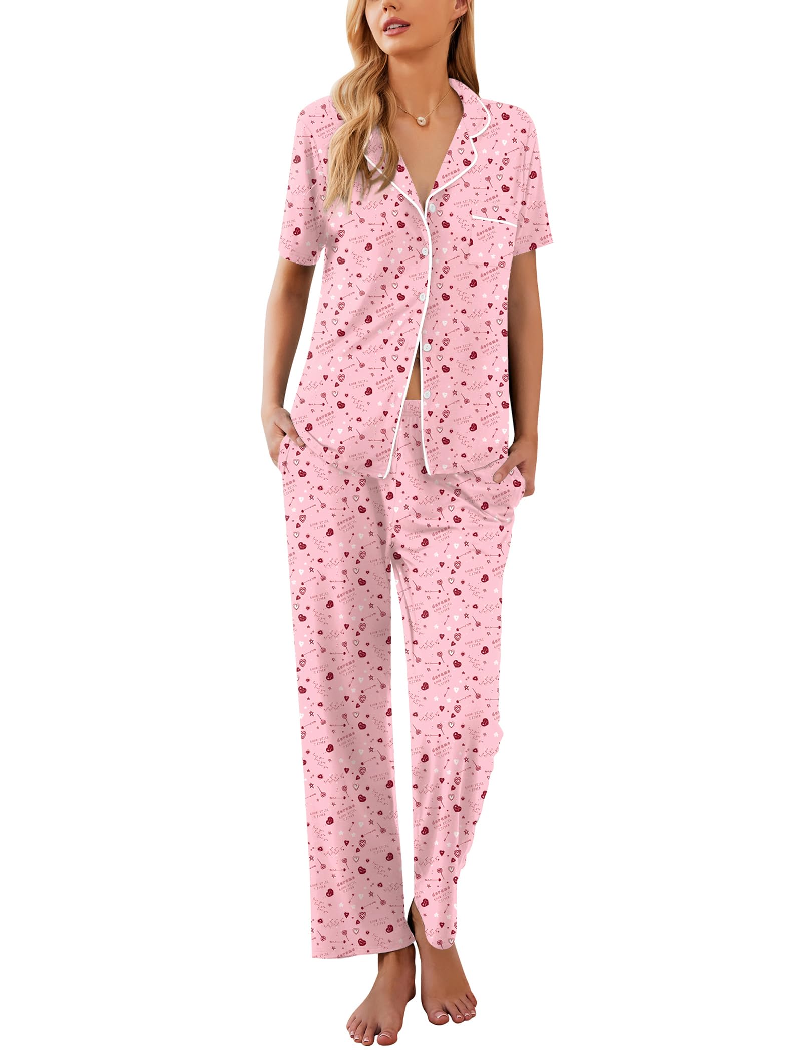 Ekouaer Womens Pajamas Set Short Sleeve Button Down Top & Pants Lounge Pjs