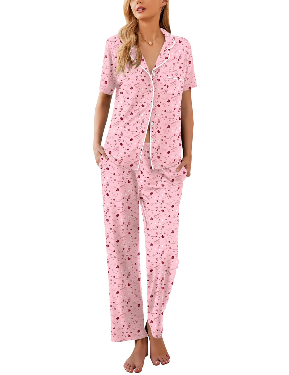 Ekouaer Womens Pajamas Set Short Sleeve Button Down Top & Pants Lounge Pjs