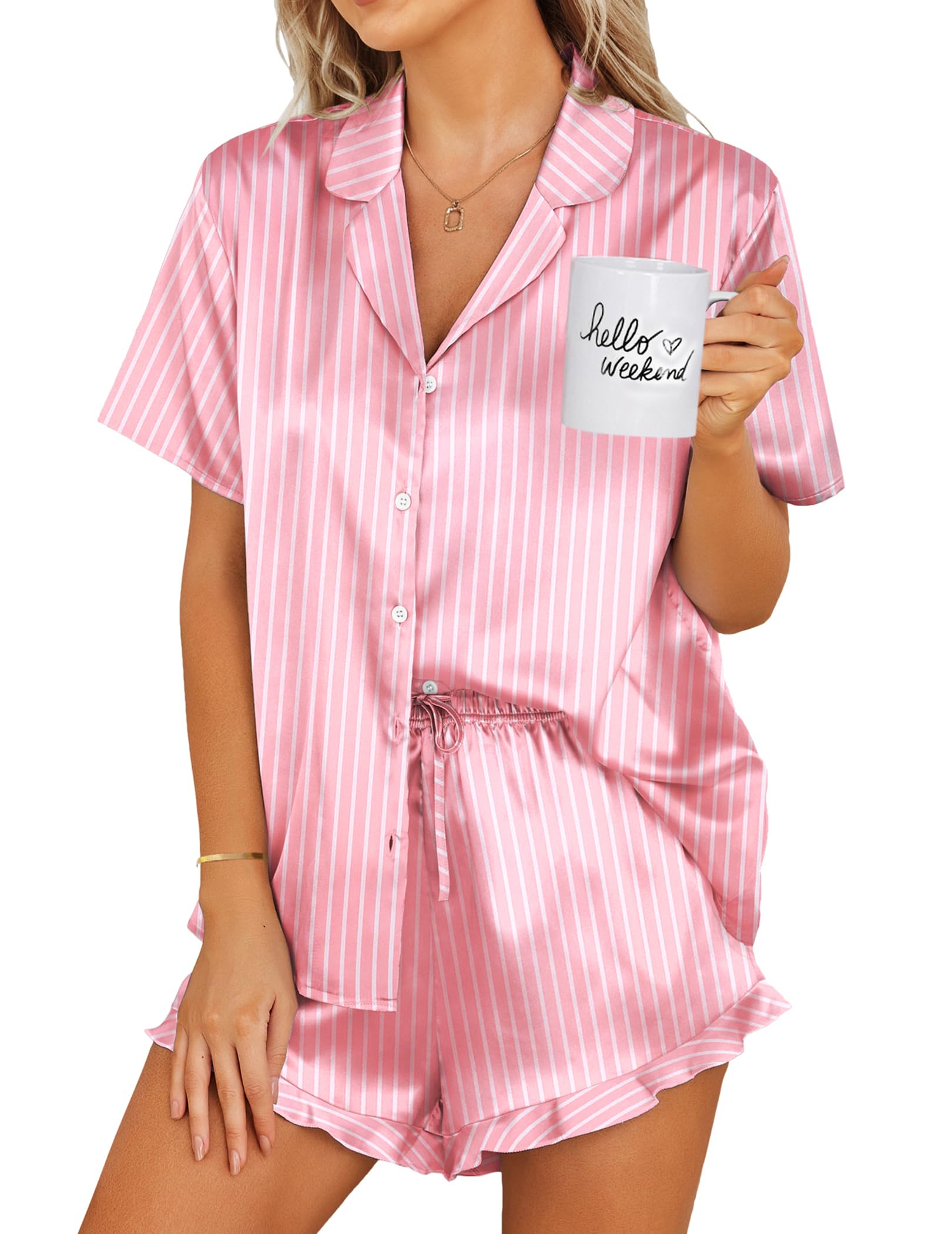 Ekouaer Womens Satin Pajamas Set Button Down 2 Piece Silk Pjs Shorts Set Ruffle Lingerie Notch Collar Sleepwear