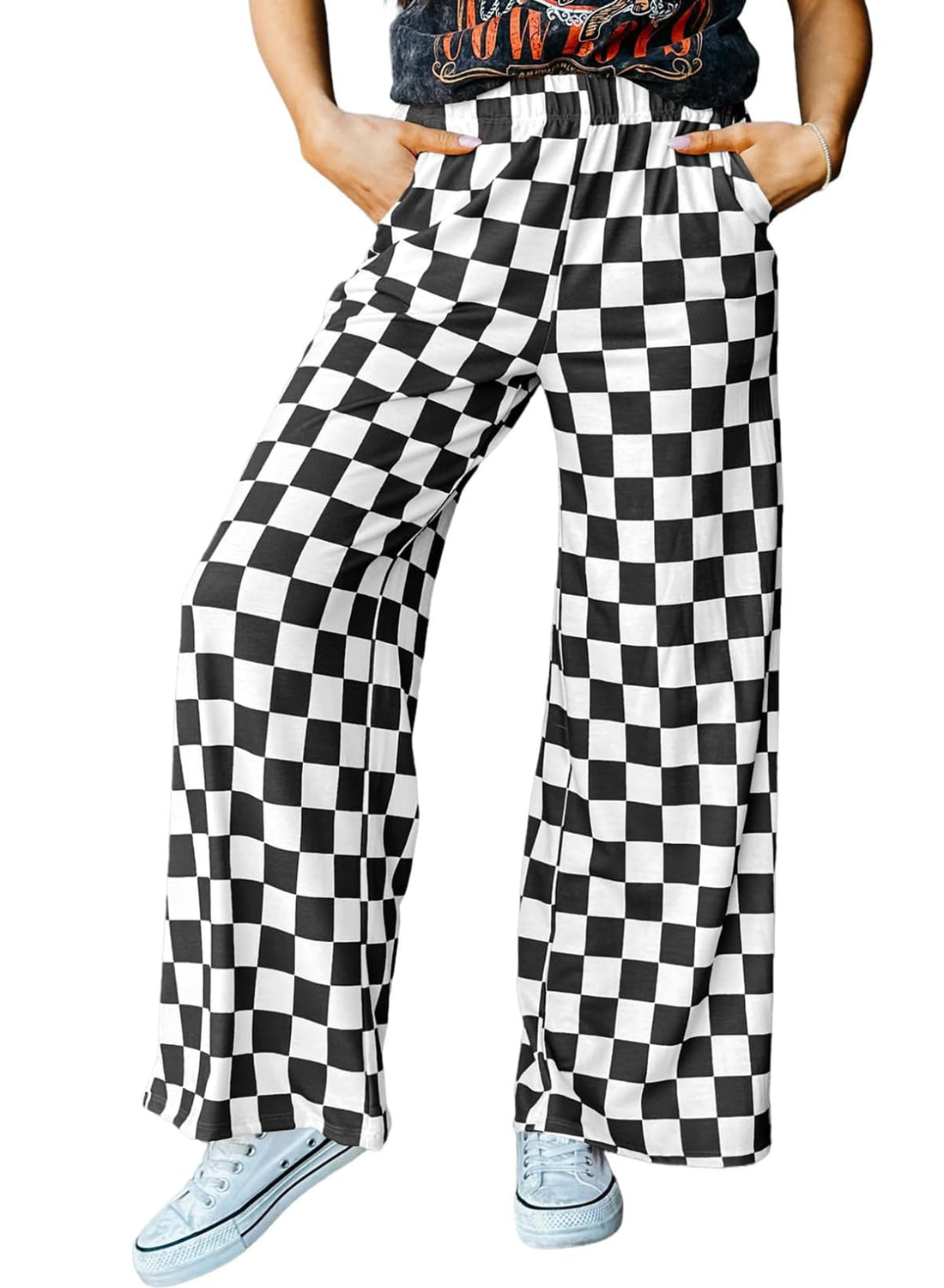 IWOLLENCE Women's Casual Loose Checkered Wide Leg Pants High Waist Straight Lounge Y2K Gingham Trousers