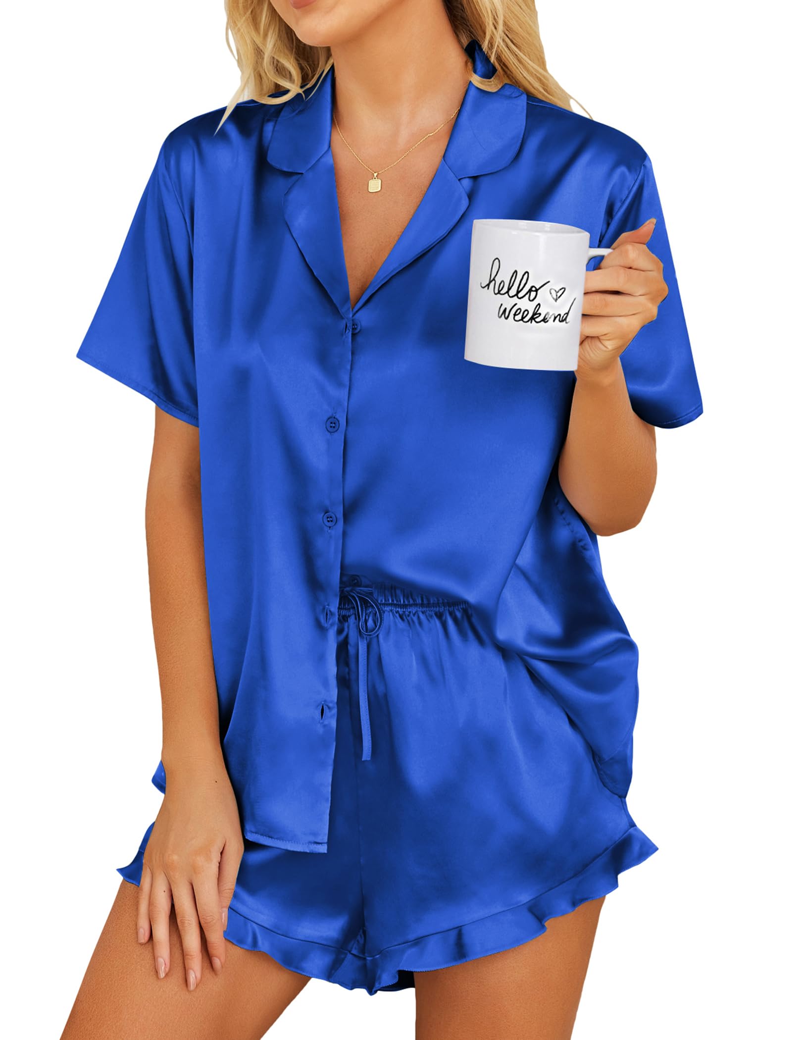 Ekouaer Womens Satin Pajamas Set Button Down Silk Pj Shorts Set with Ruffle