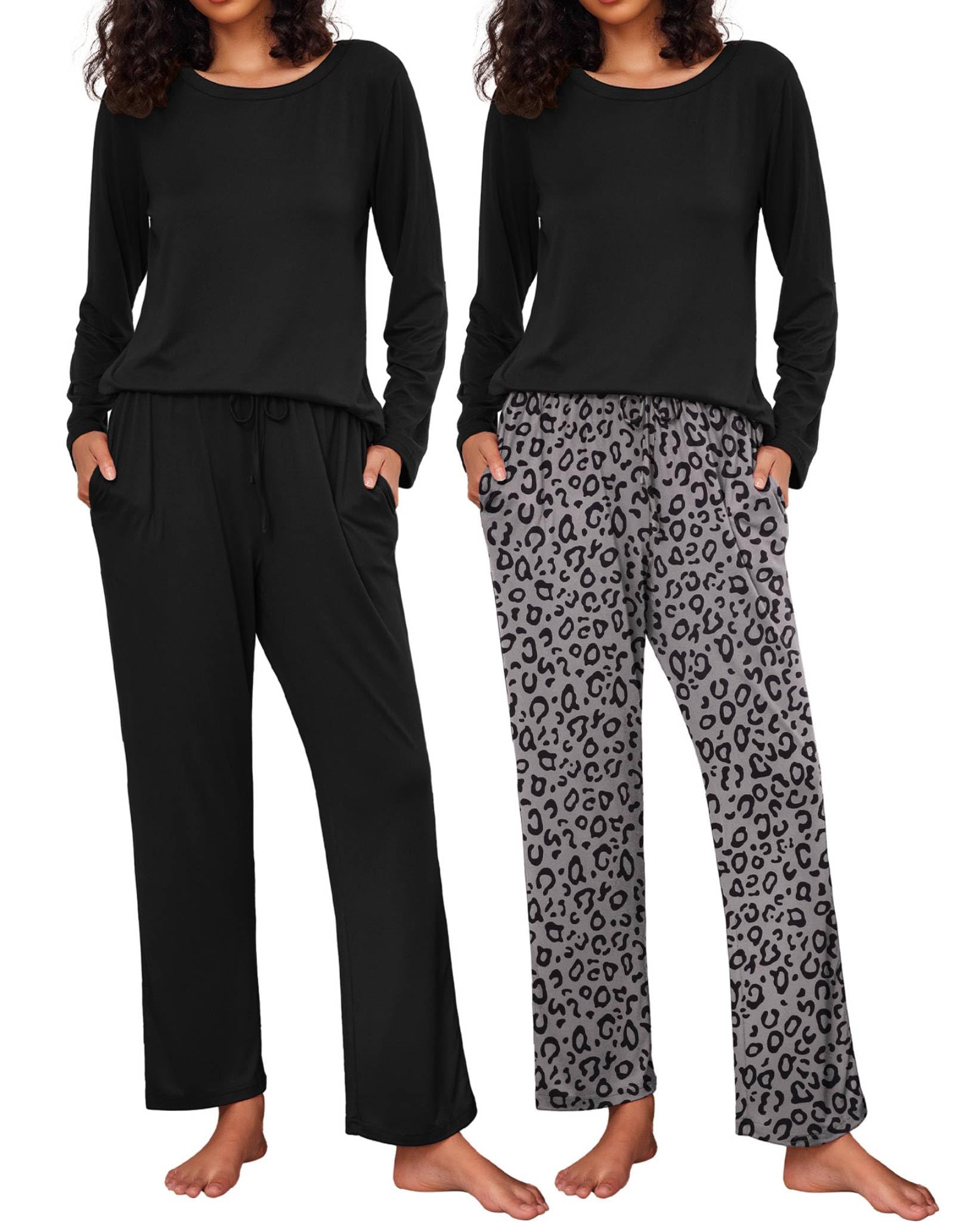 Ekouaer Women's 2 Pack Pajama Sets Long Sleeve Lounge Set Soft Comfy Pjs