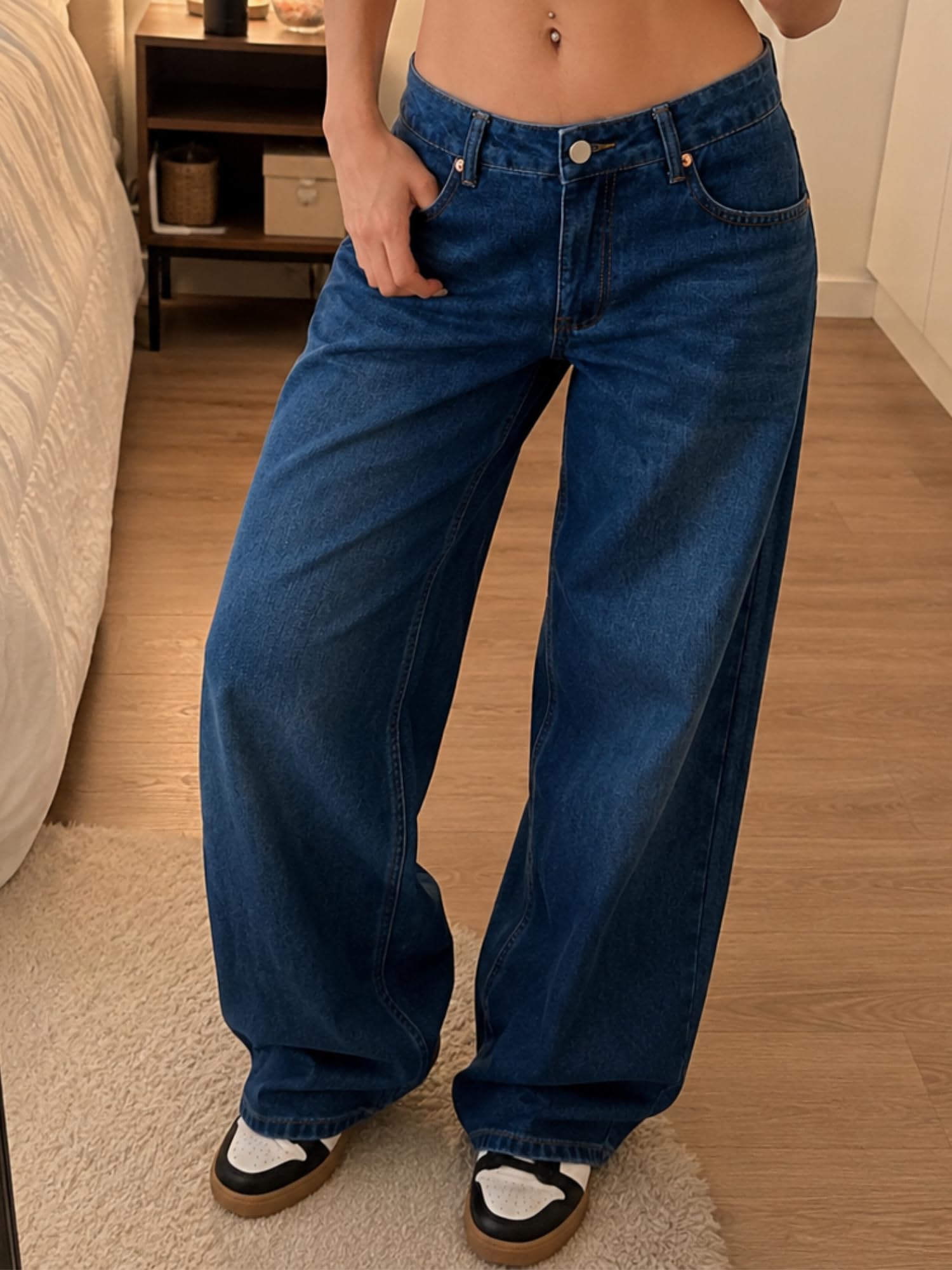 Low Rise Baggy Jeans for Women Y2K Vintage Wide Leg Loose Fit Straight Denim Pants Casual Trousers