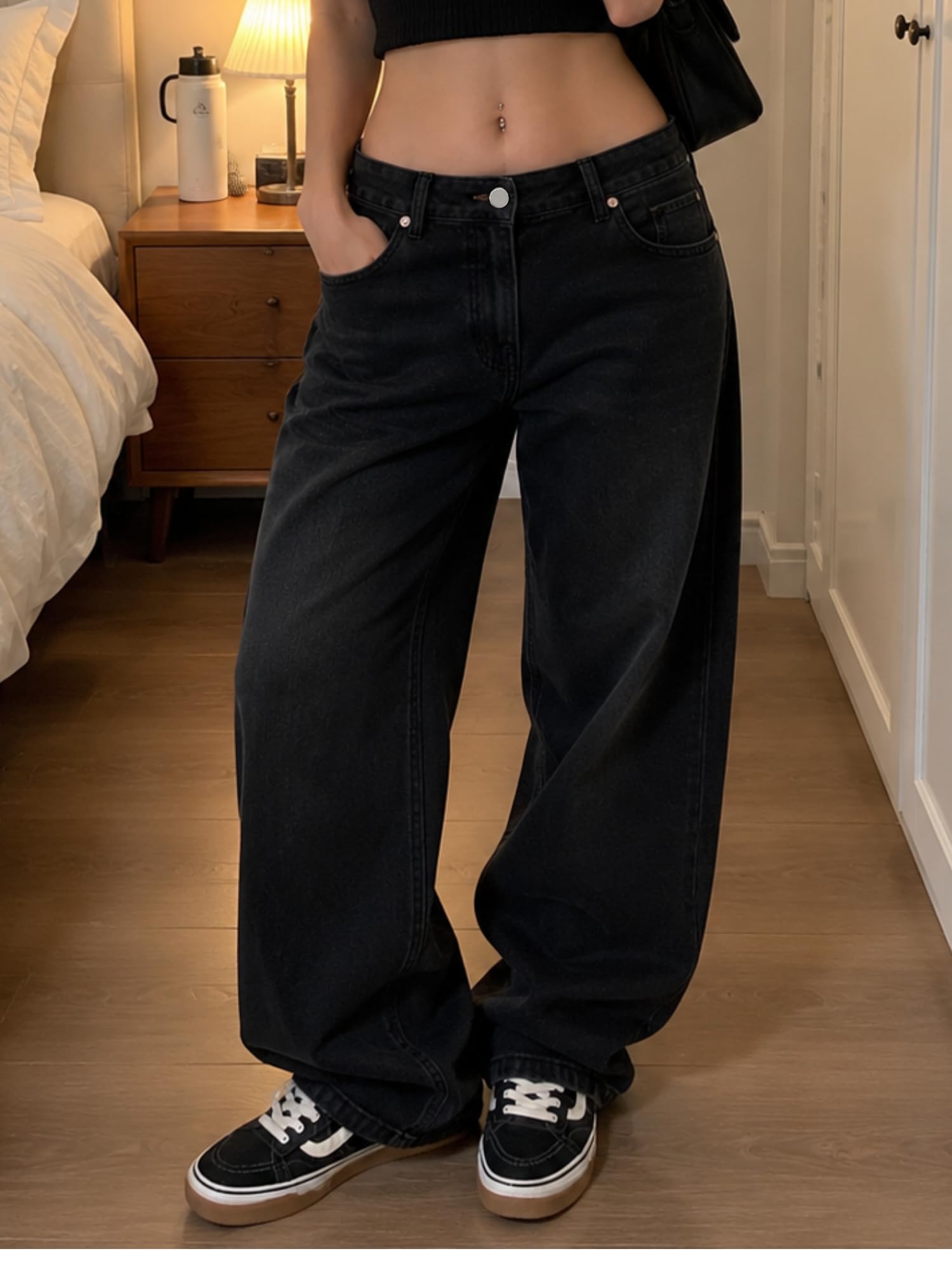 Low Rise Baggy Jeans for Women Y2K Vintage Wide Leg Loose Fit Straight Denim Pants Casual Trousers