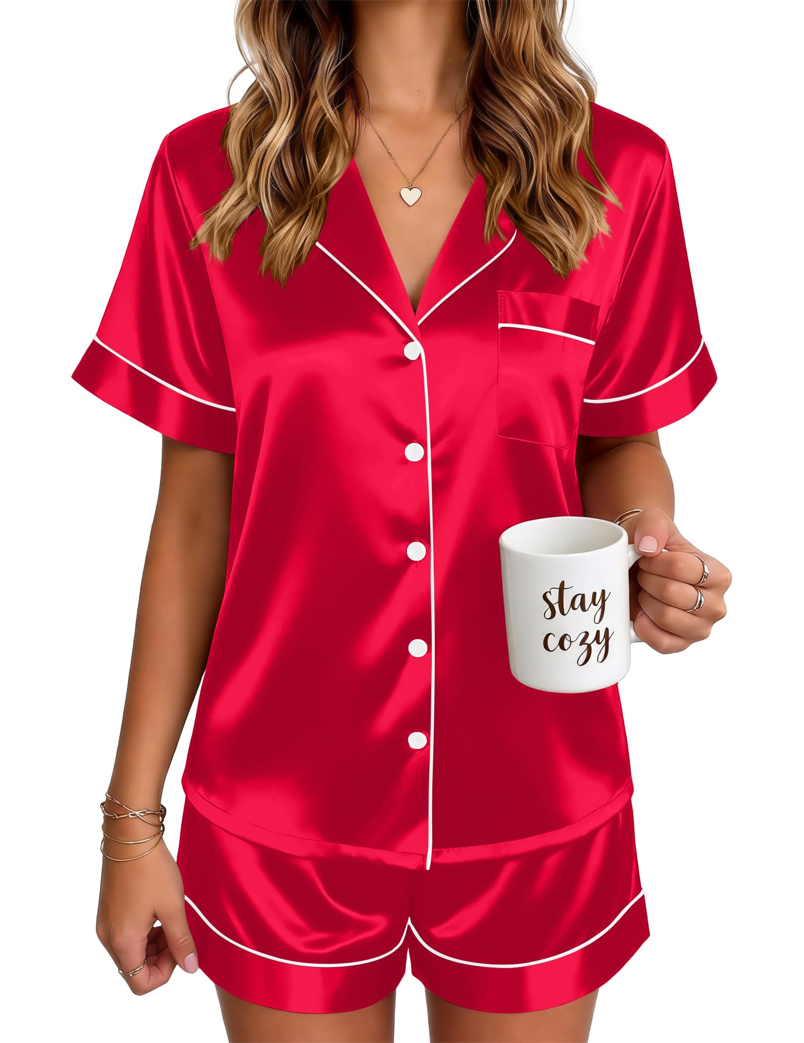 Ekouaer Satin Pajamas for Women Silk Pjs Short Set 2 Piece Lounge Sets