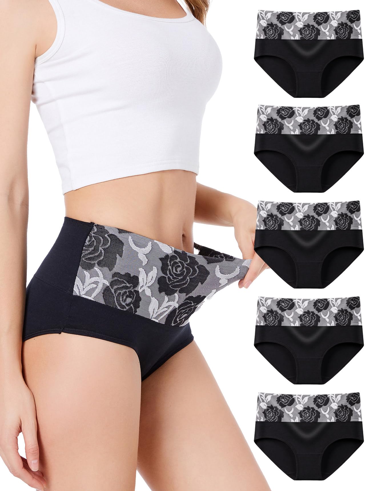 HAVVIS Women's Briefs Underwear Cotton High Waist Tummy Control Panties Rose Jacquard Ladies Panty Multipack