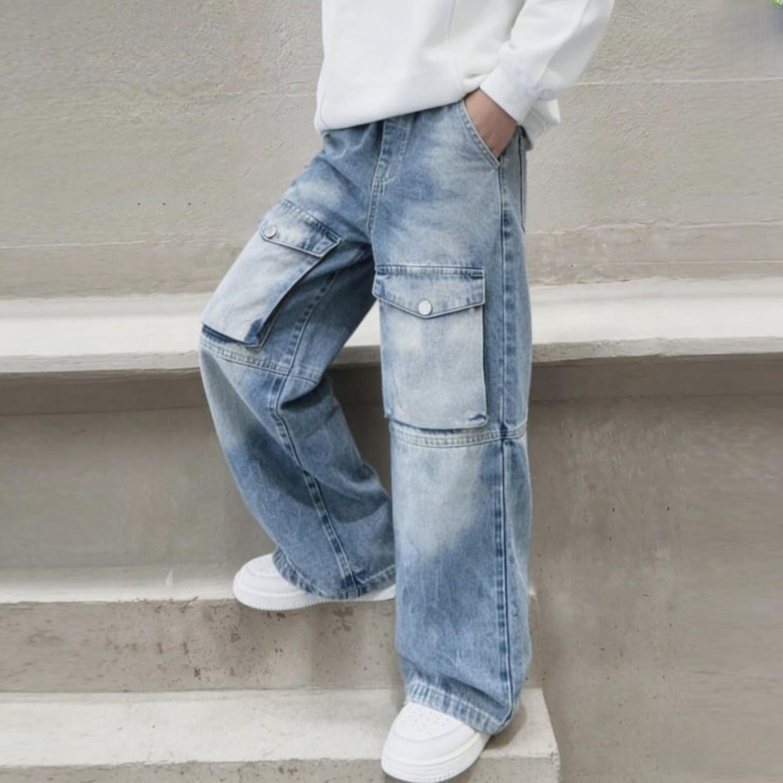 Baggy Jeans for Boys Cargo Jeans, Mid Rise Elastic Waist Multi-Pockets Denim Pants School Streetwear Size 8-12