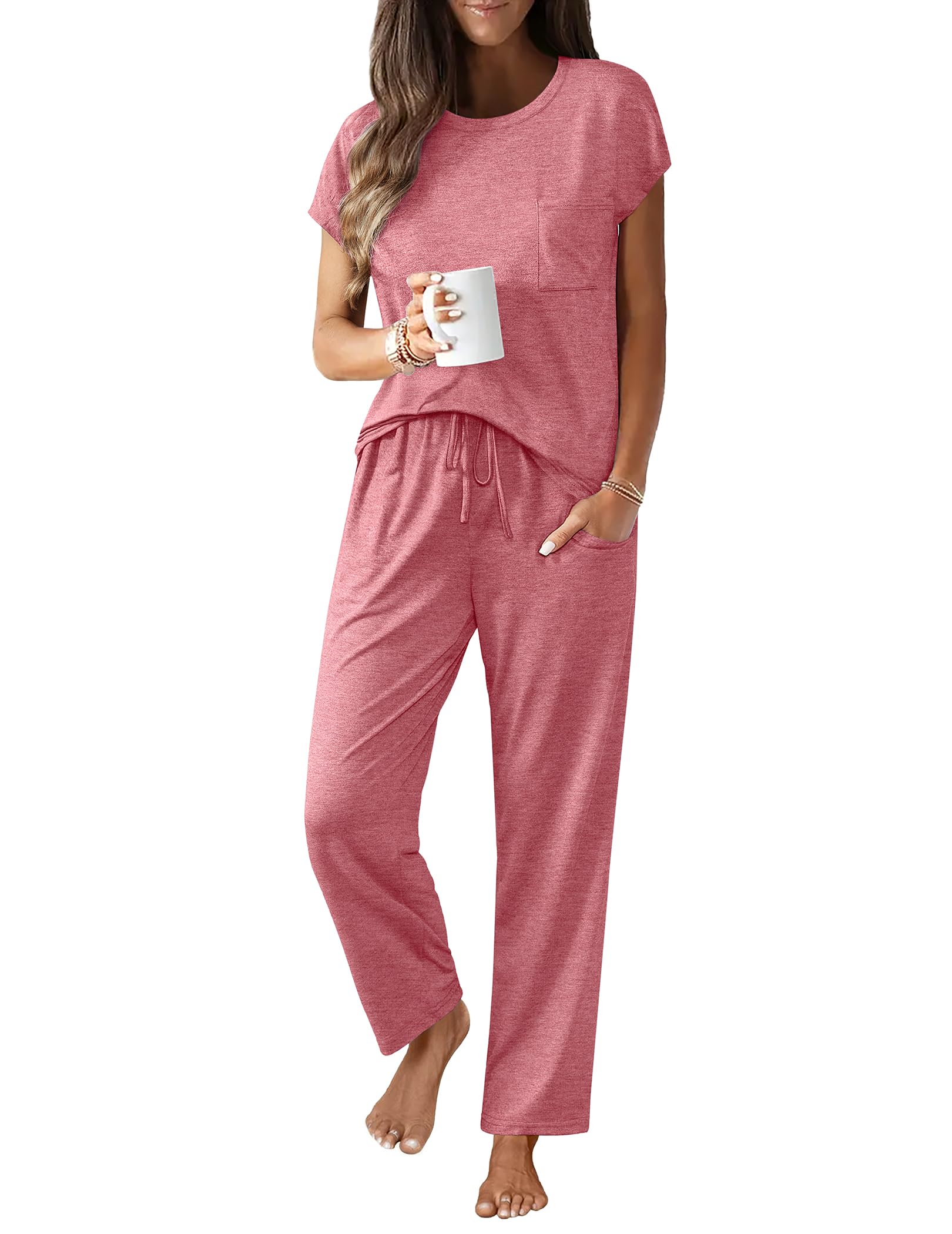 Ekouaer Womens Pajama Sets 2 Pcs Short Sleeve Lounge Set with Pockets