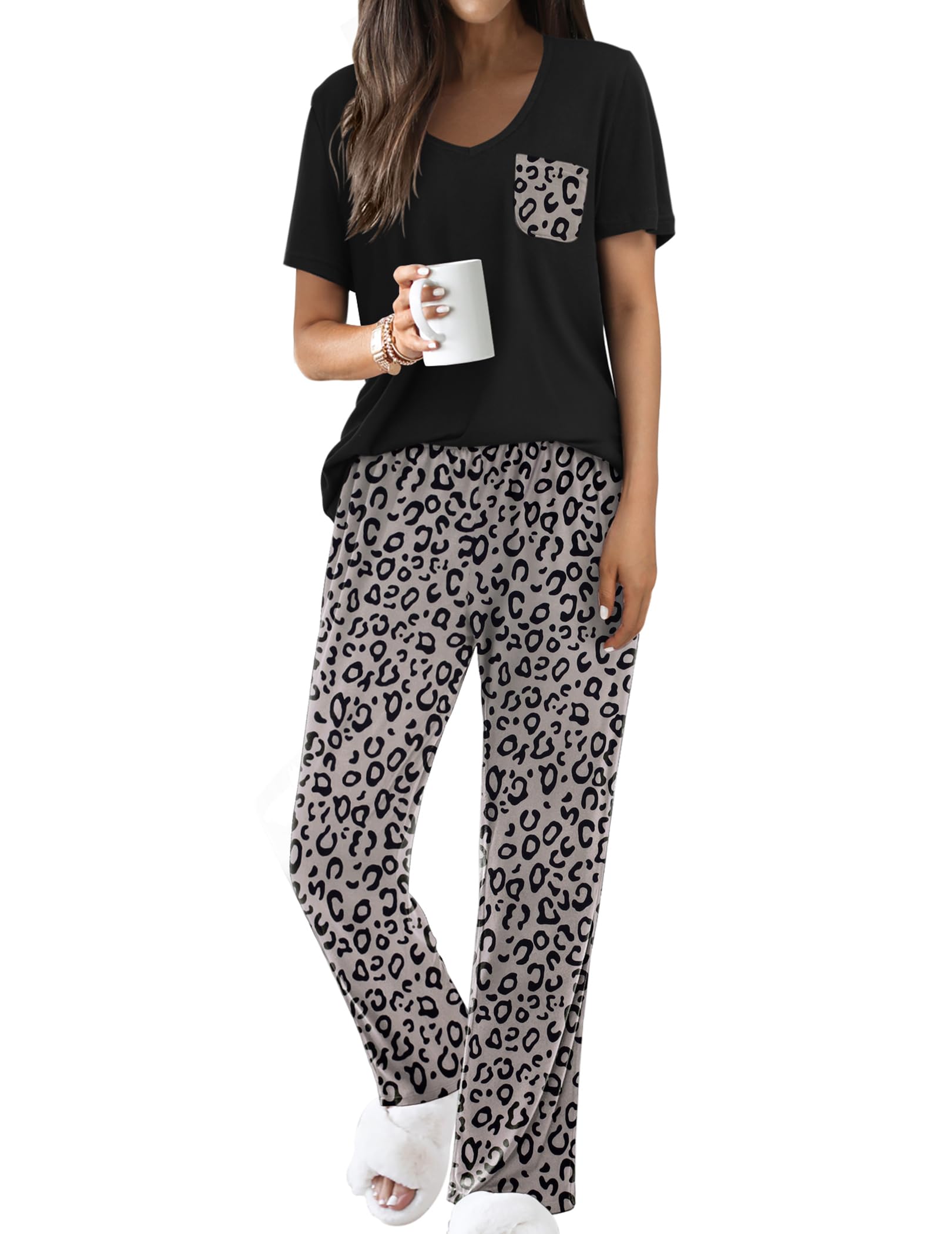 Ekouaer Pajama Sets for Women 2 Piece Short Sleeve Pj V Neck Chest Pocket
